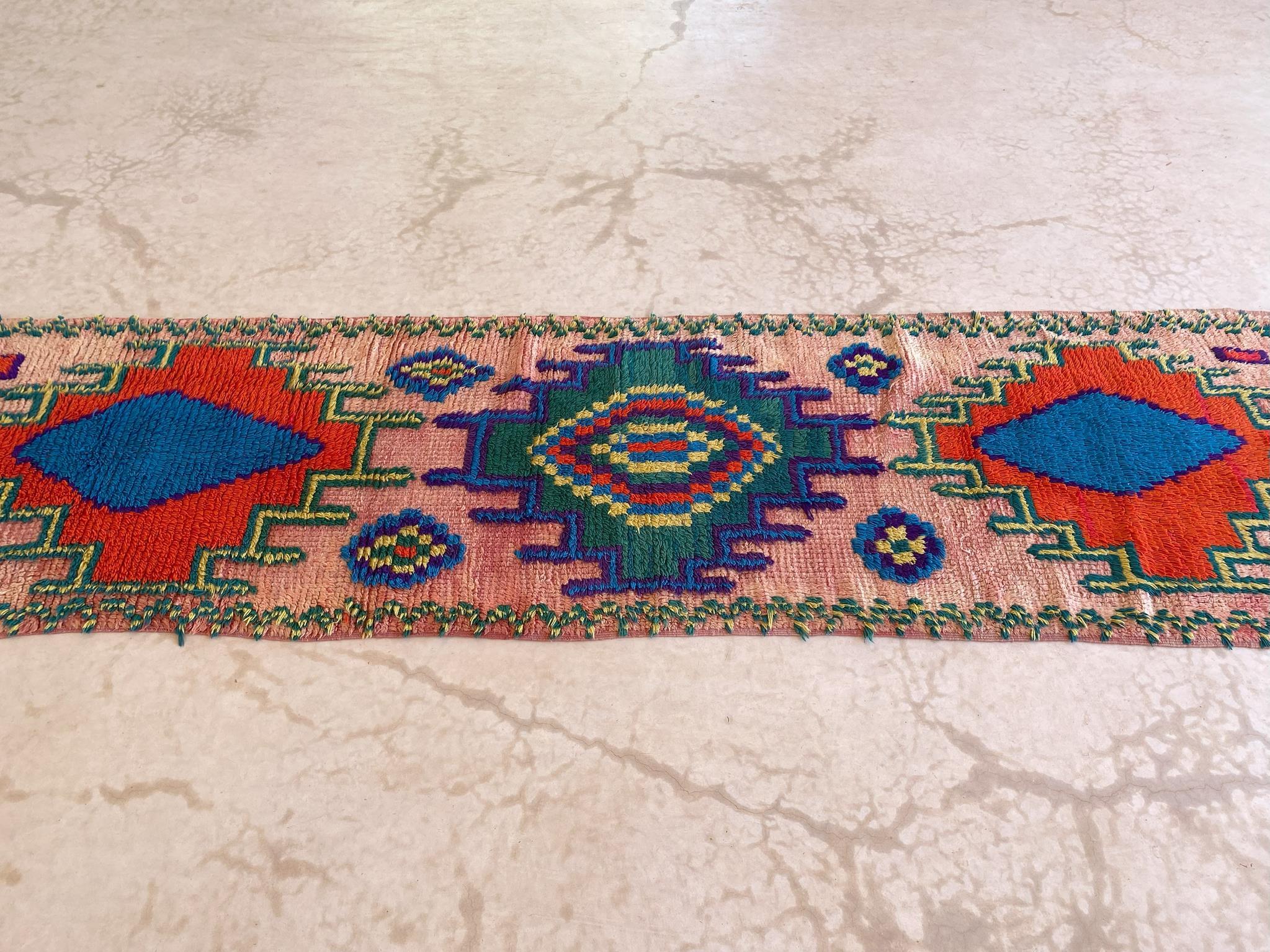 Tribal Vintage Moroccan Boujad rug - Pink/blue/red - 2.8x10.2feet / 87x311cm For Sale