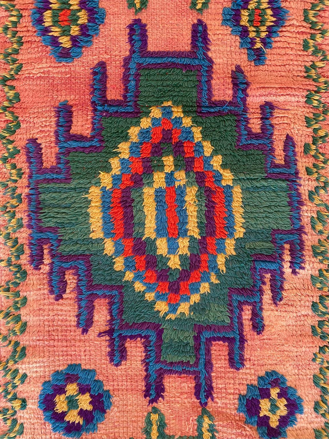 Wool Vintage Moroccan Boujad rug - Pink/blue/red - 2.8x10.2feet / 87x311cm For Sale