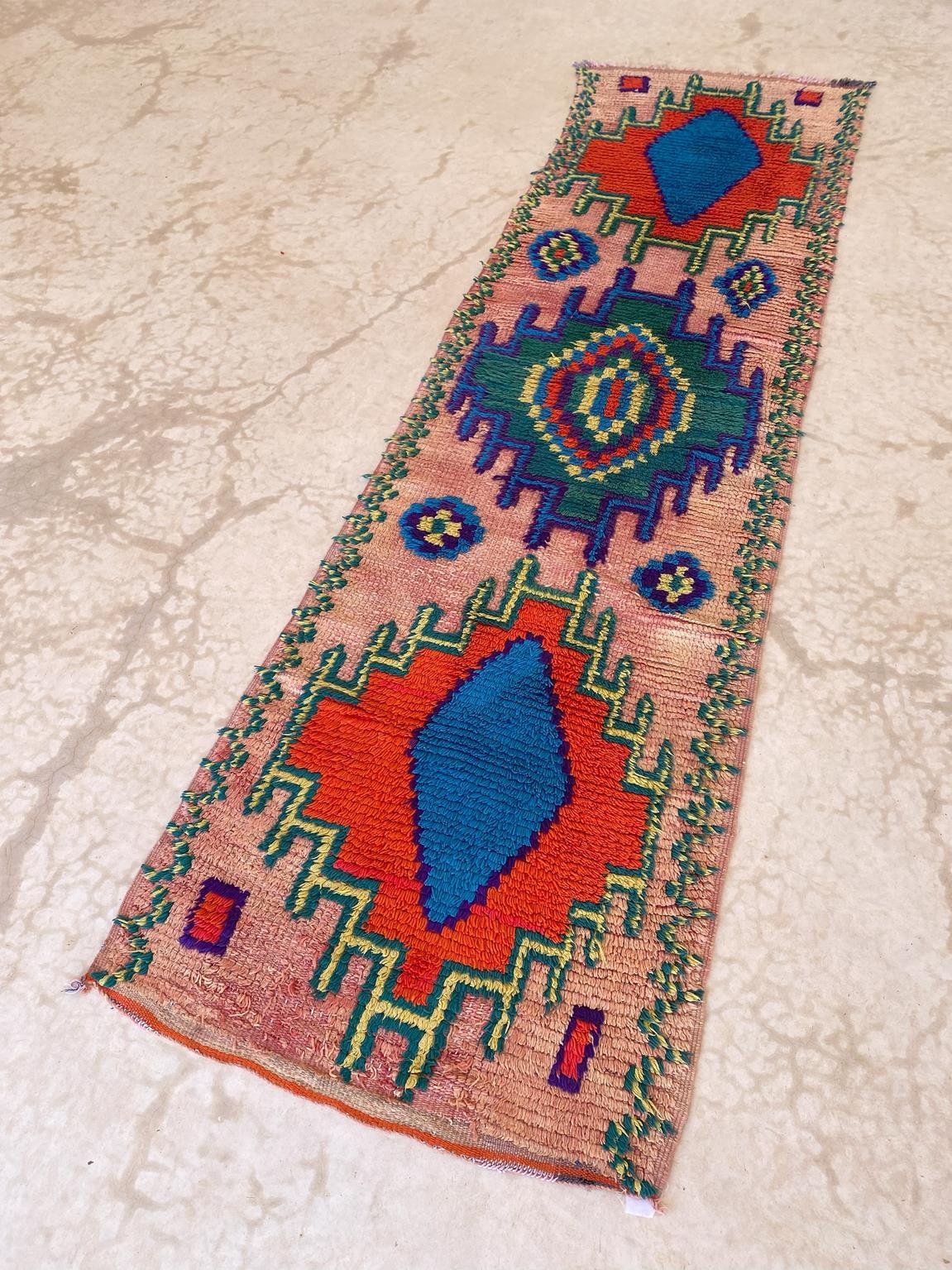 Vintage Moroccan Boujad rug - Pink/blue/red - 2.8x10.2feet / 87x311cm For Sale 2