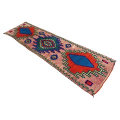 Retro Moroccan Boujad rug - Pink/blue/red - 2.8x10.2feet / 87x311cm