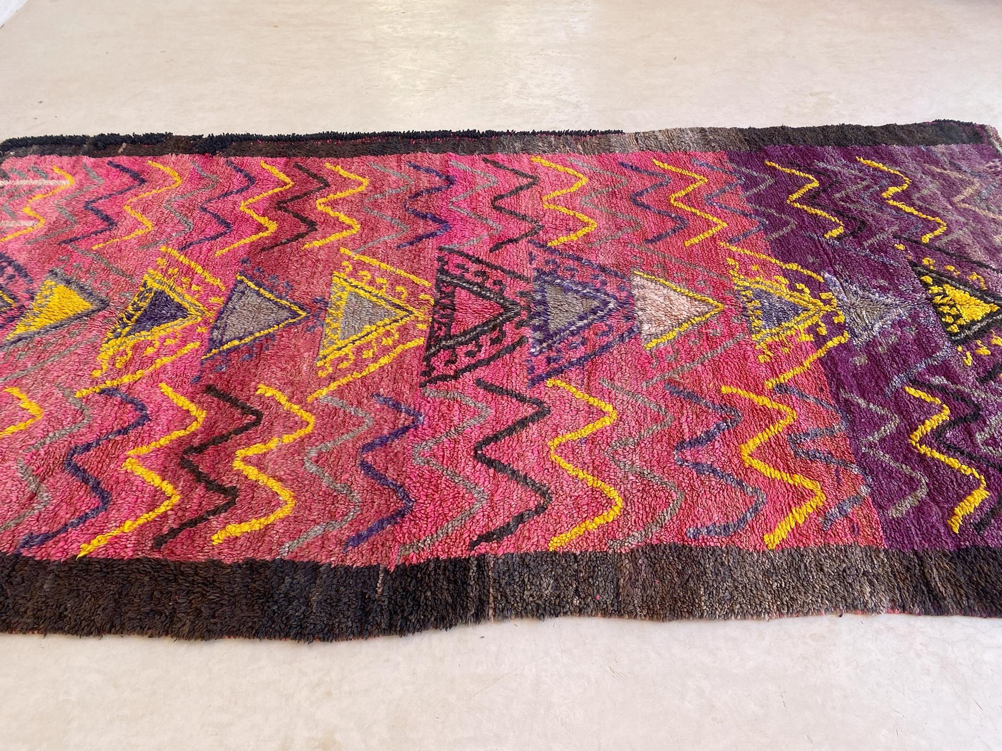 Tribal Vintage Moroccan Boujad rug - Pink/purple/yellow - 6.8x12.7feet / 207x387cm For Sale