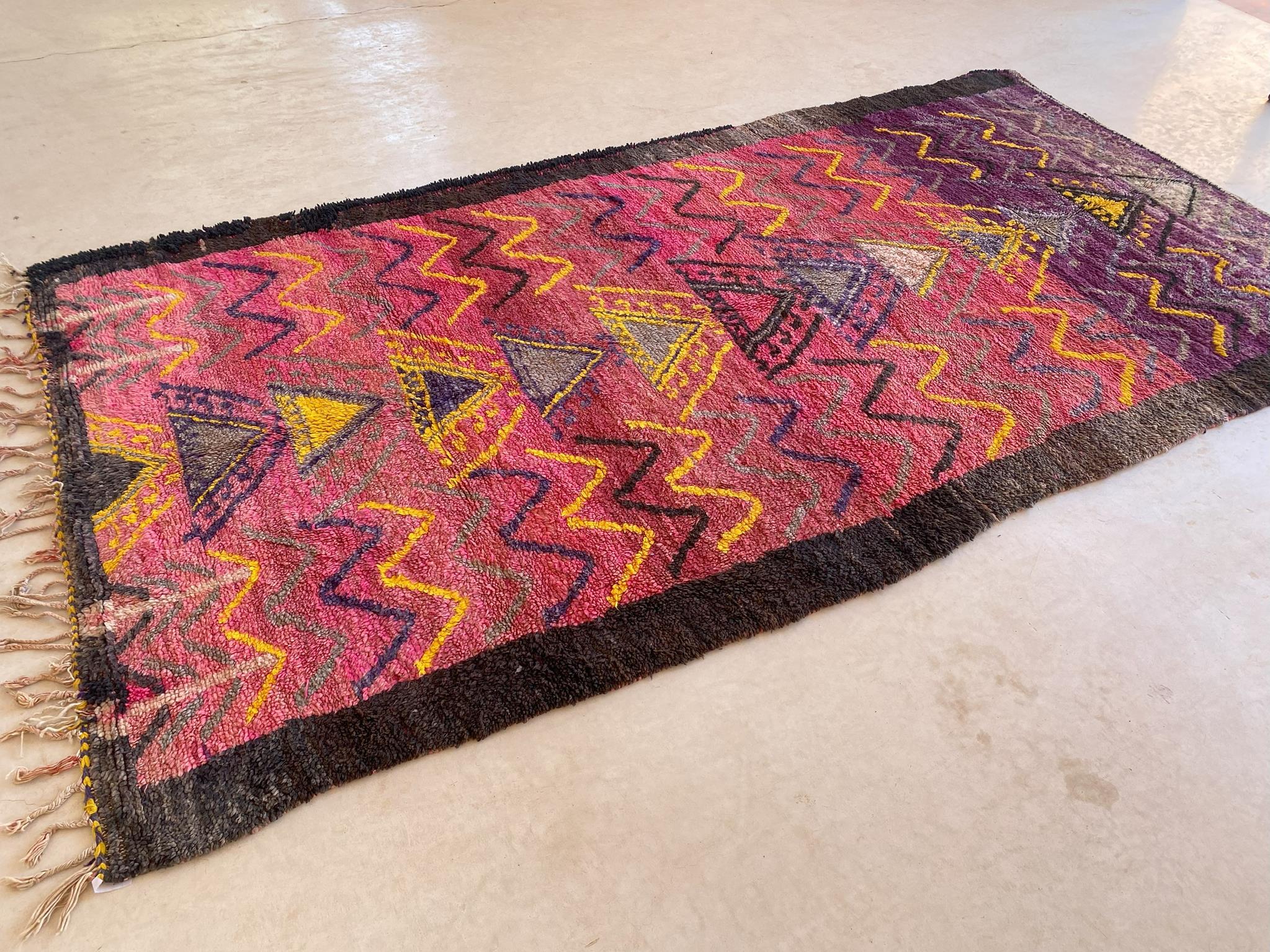 Hand-Woven Vintage Moroccan Boujad rug - Pink/purple/yellow - 6.8x12.7feet / 207x387cm For Sale