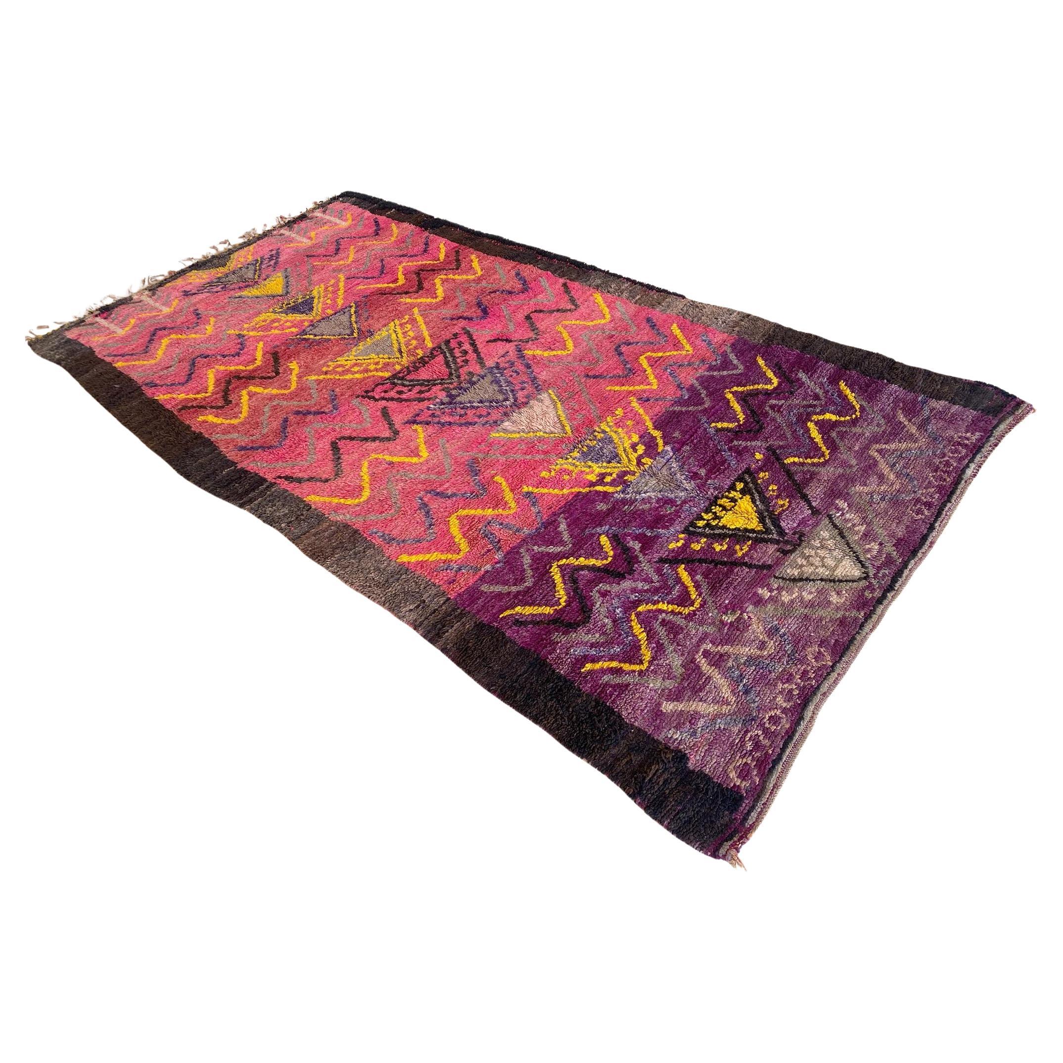 Vintage Moroccan Boujad rug - Pink/purple/yellow - 6.8x12.7feet / 207x387cm For Sale