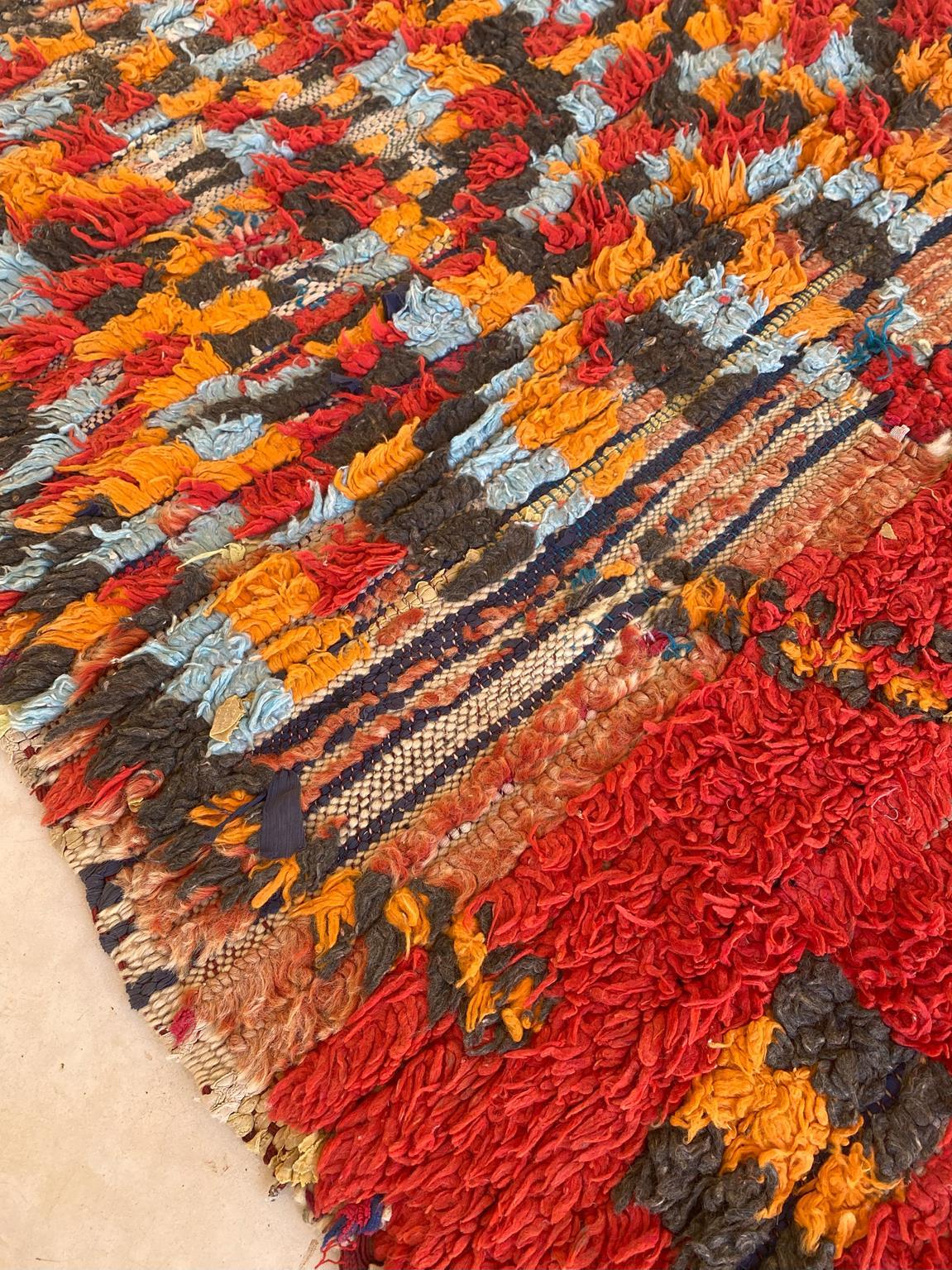 Vintage Moroccan Boujad rug - Red/black/orange/blue - 3.4x7.5feet / 106x230cm For Sale 3