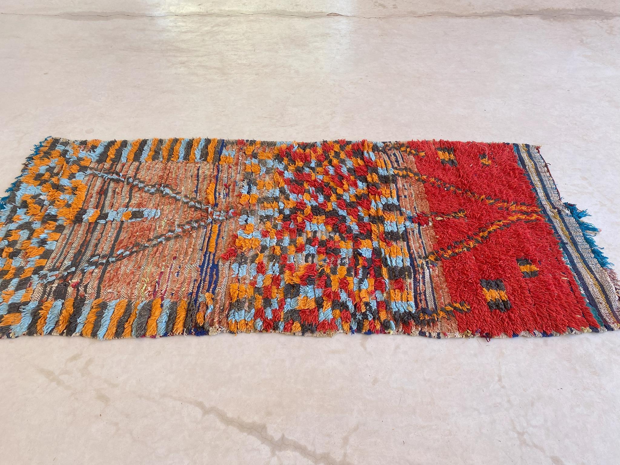 Bohemian Vintage Moroccan Boujad rug - Red/black/orange/blue - 3.4x7.5feet / 106x230cm For Sale