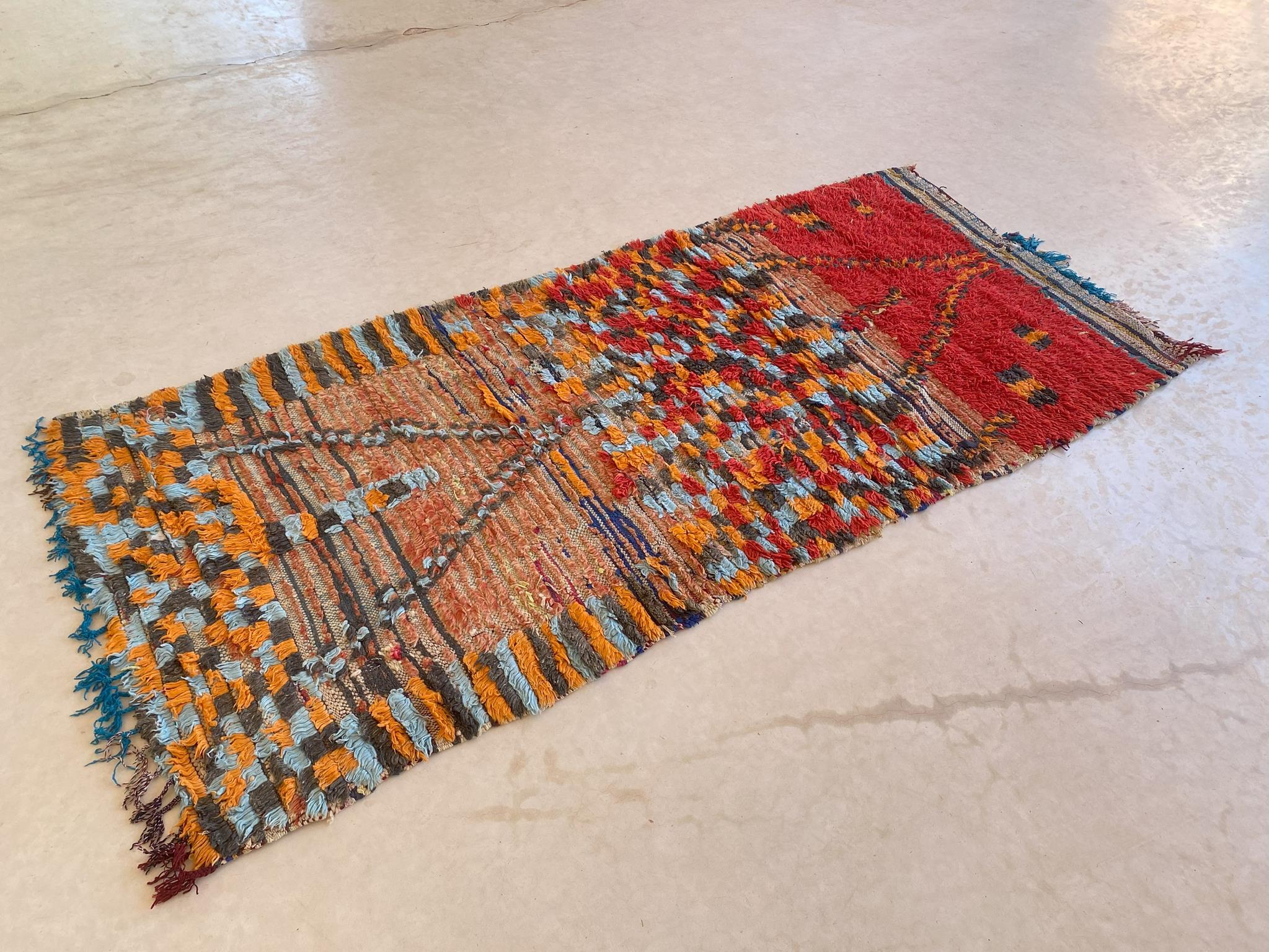 Hand-Woven Vintage Moroccan Boujad rug - Red/black/orange/blue - 3.4x7.5feet / 106x230cm For Sale