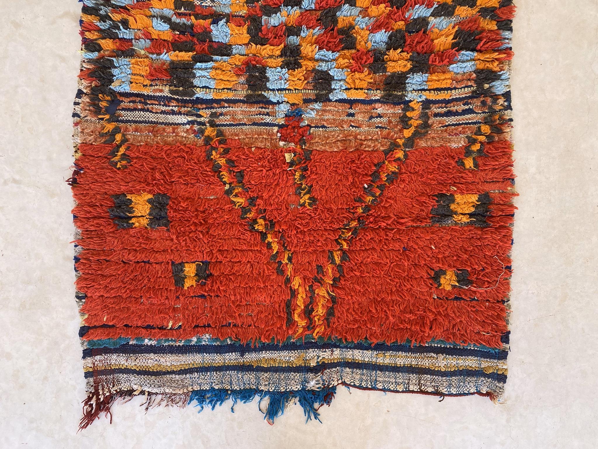 20th Century Vintage Moroccan Boujad rug - Red/black/orange/blue - 3.4x7.5feet / 106x230cm For Sale
