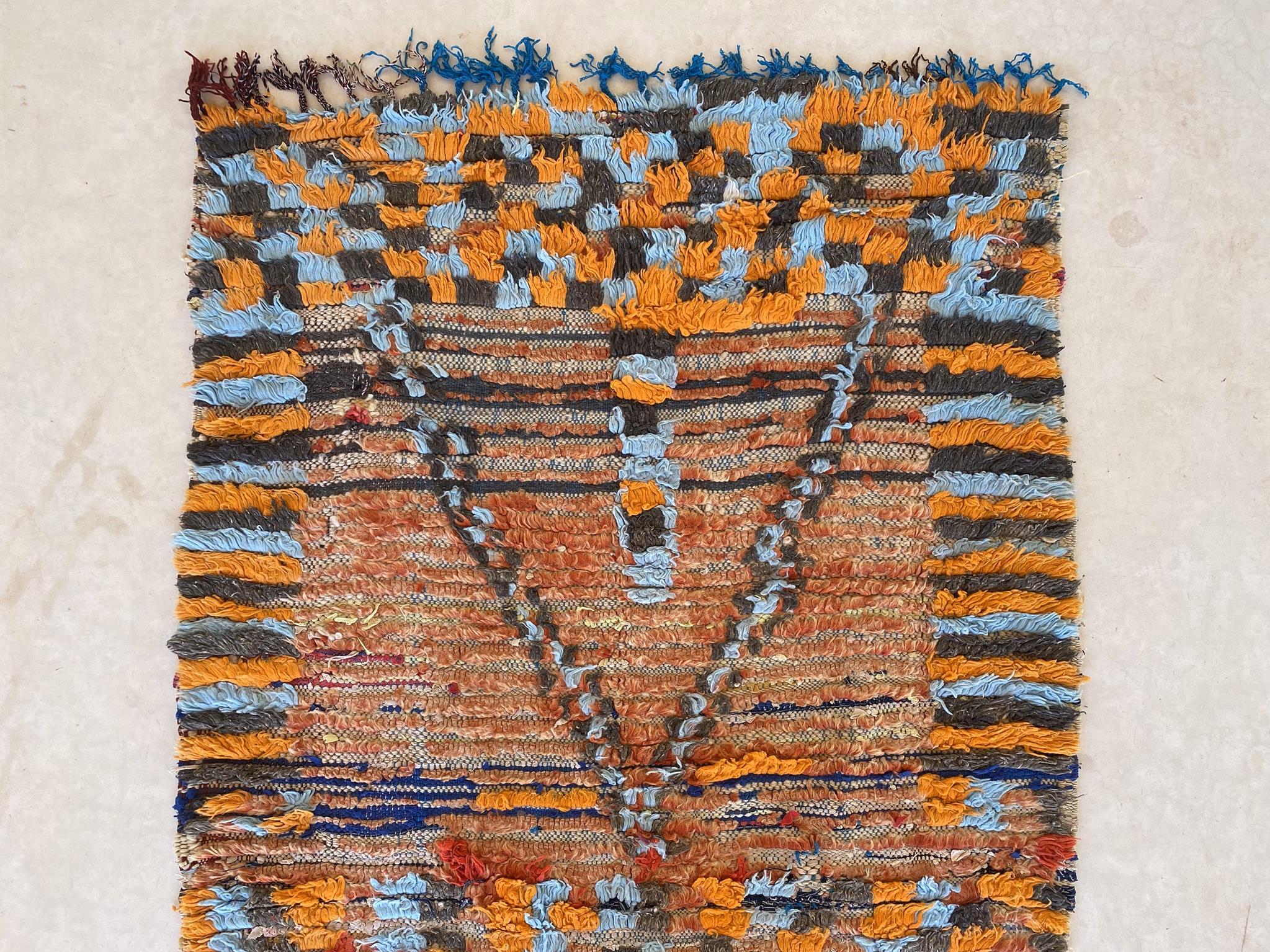 Wool Vintage Moroccan Boujad rug - Red/black/orange/blue - 3.4x7.5feet / 106x230cm For Sale