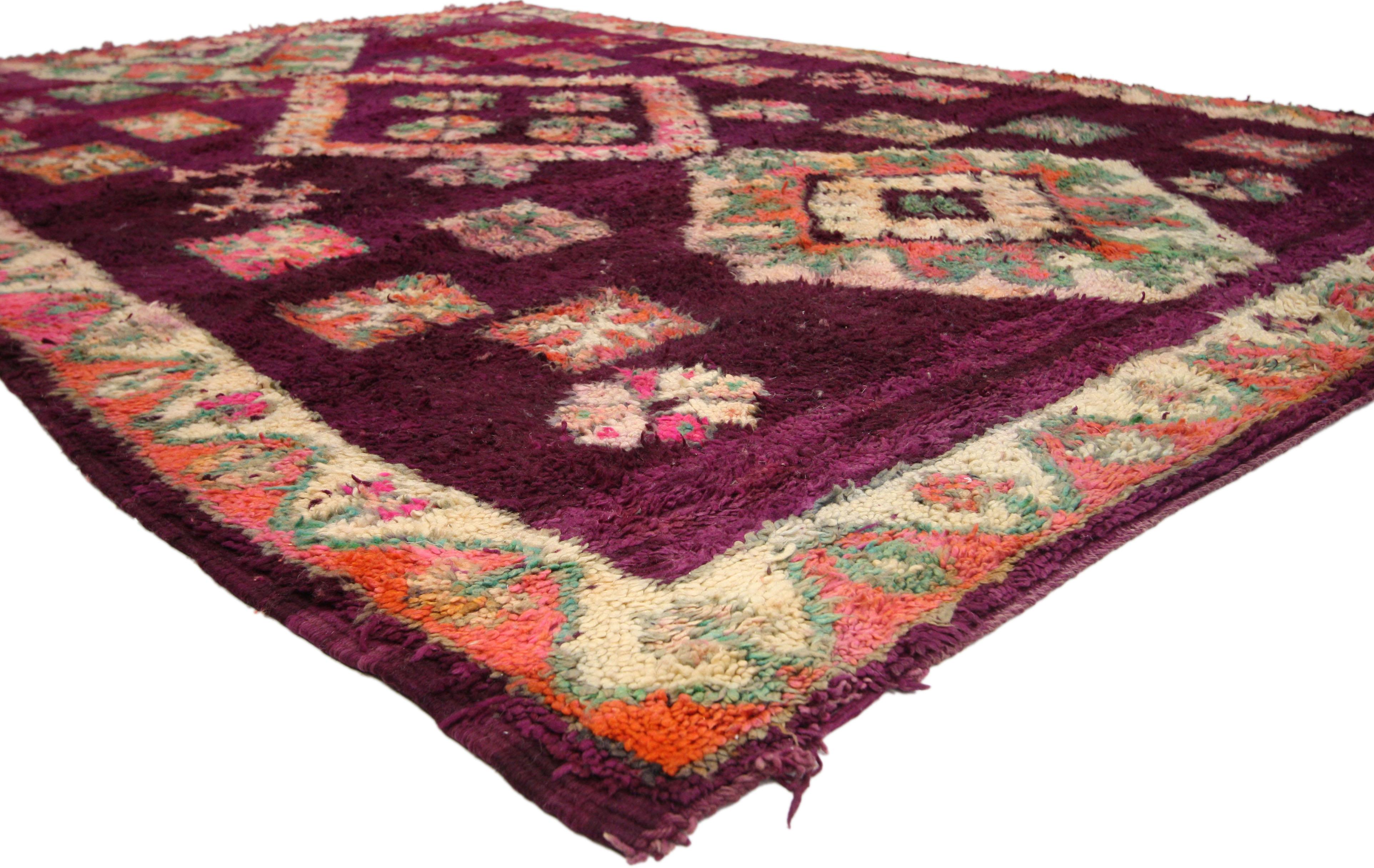 20733, Vintage Moroccan Boujad Rug with Tribal Style, Colorful Moroccan Berber Carpet. This hand-knotted wool vintage Moroccan Boujad rug hosts various reproductive and protection symbols that carry great meaning in Ancient Berber culture. Taking