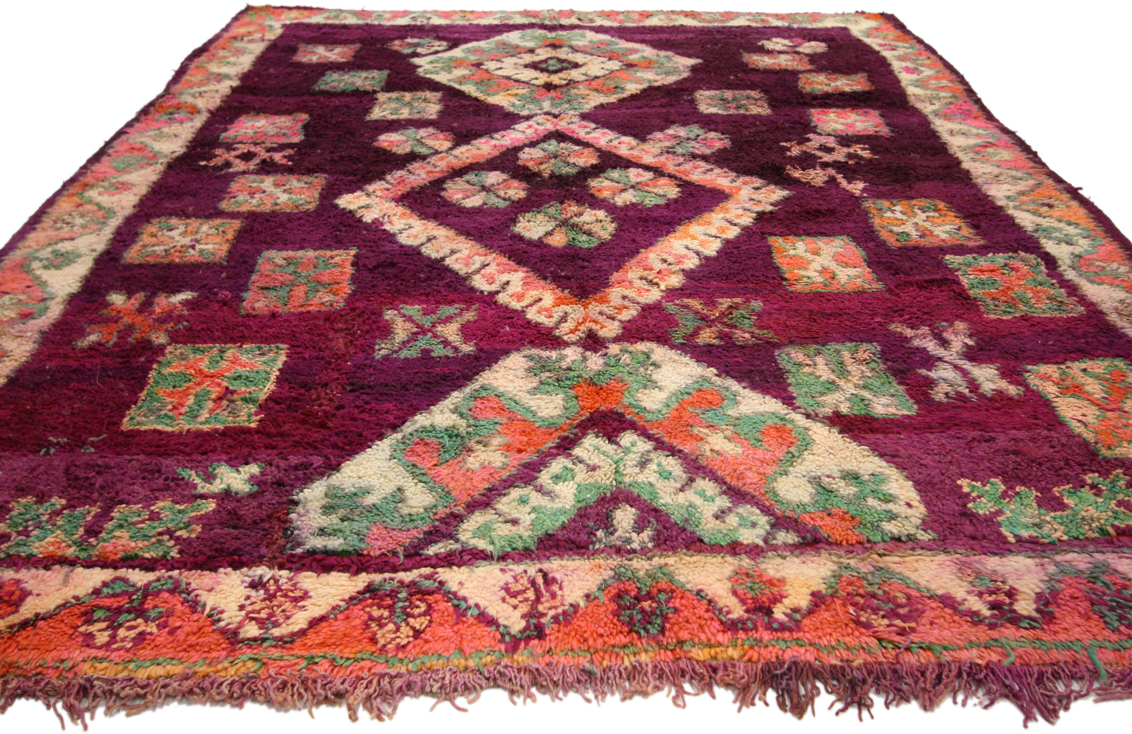 Hand-Knotted Vintage Moroccan Boujad Rug with Tribal Style, Colorful Moroccan Berber Carpet For Sale