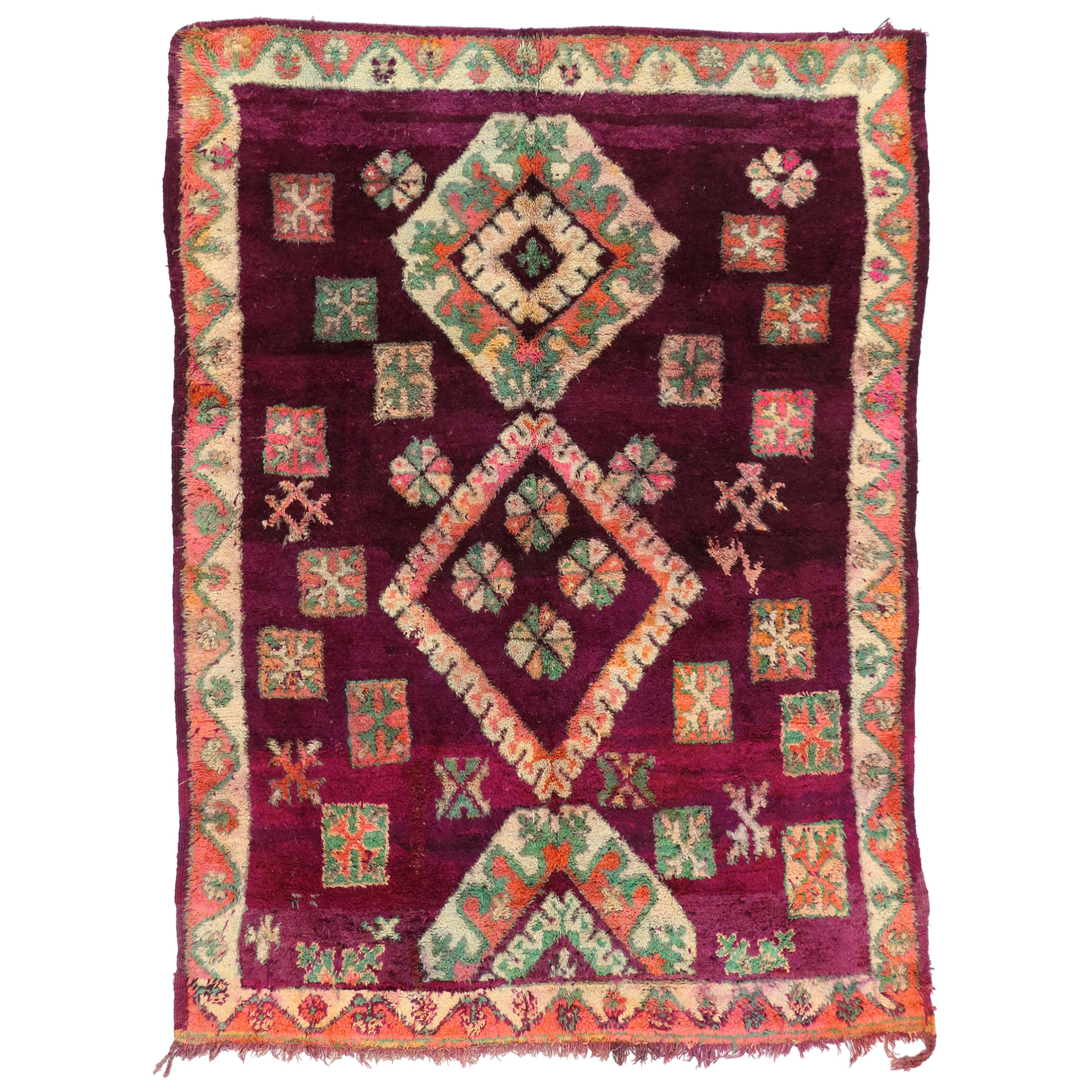 Vintage Moroccan Boujad Rug with Tribal Style, Colorful Moroccan Berber Carpet For Sale