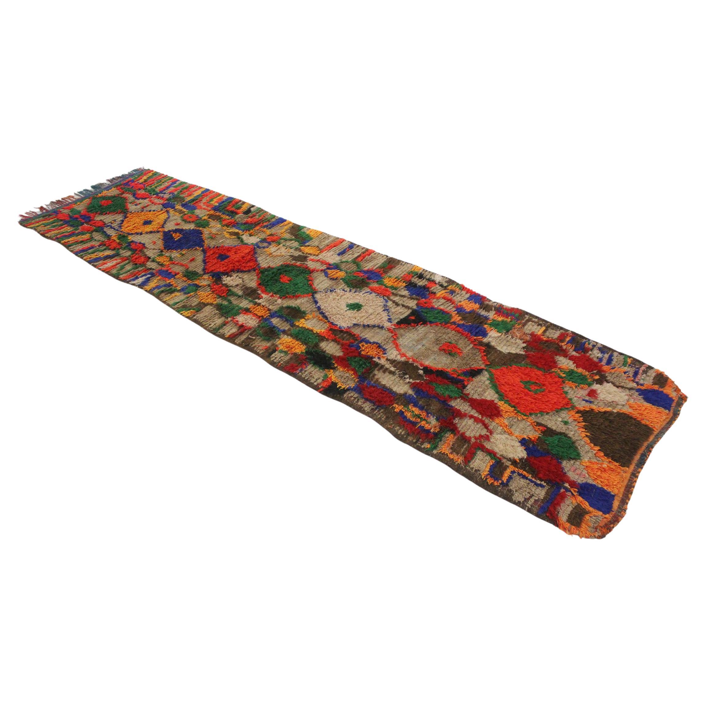 Vintage marokkanischen Boujad Läufer Teppich - Brown / Multicolor - 3.6x12.3feet / 109x377cm im Angebot