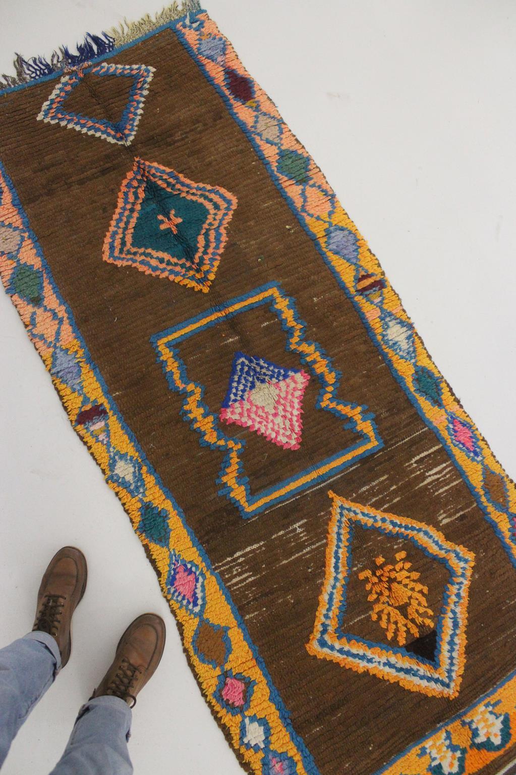 Vintage Moroccan Boujad runner rug - Brown/pink/blue - 3.2x7.5feet / 97x228cm For Sale 5