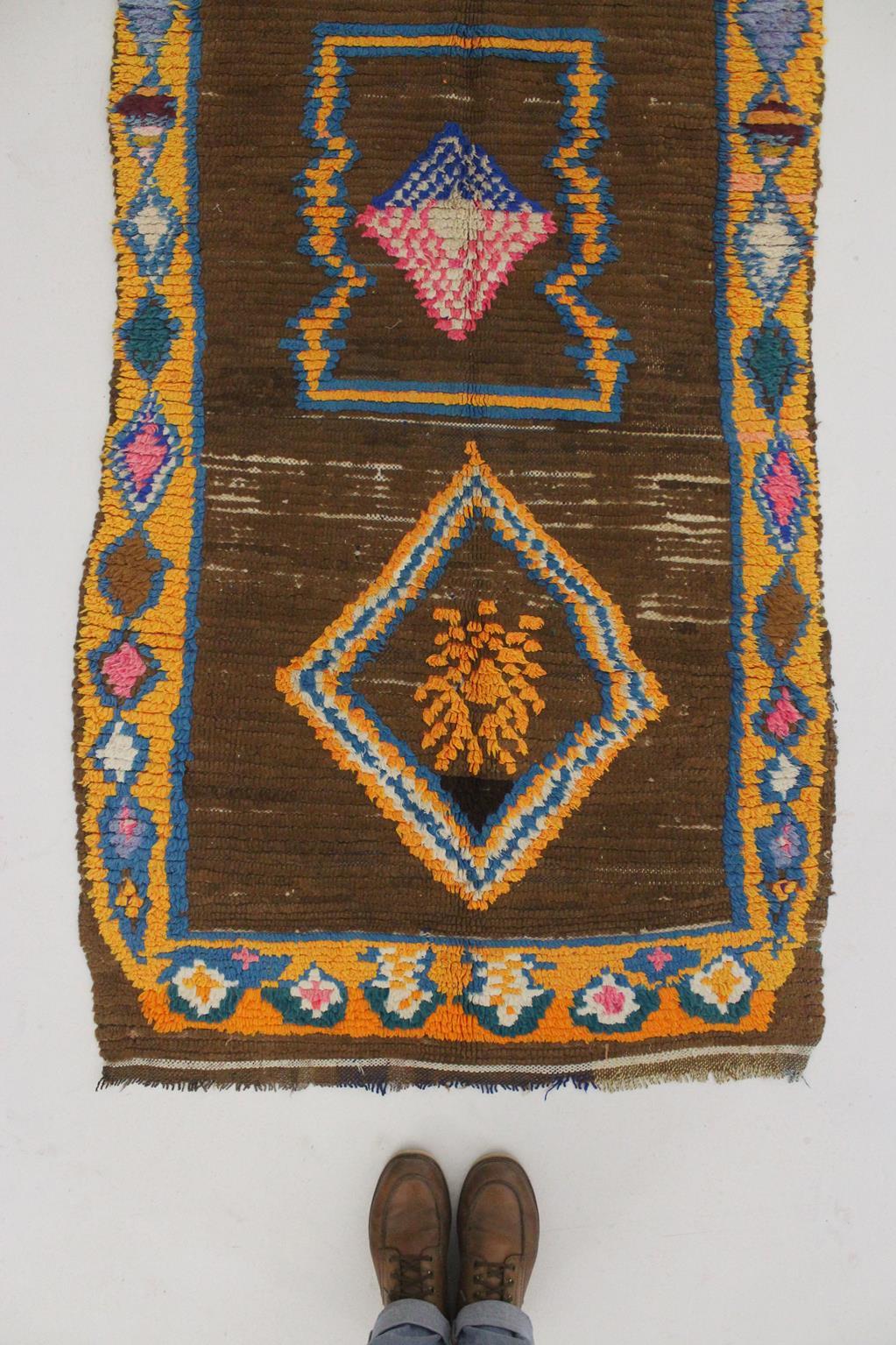 Wool Vintage Moroccan Boujad runner rug - Brown/pink/blue - 3.2x7.5feet / 97x228cm For Sale