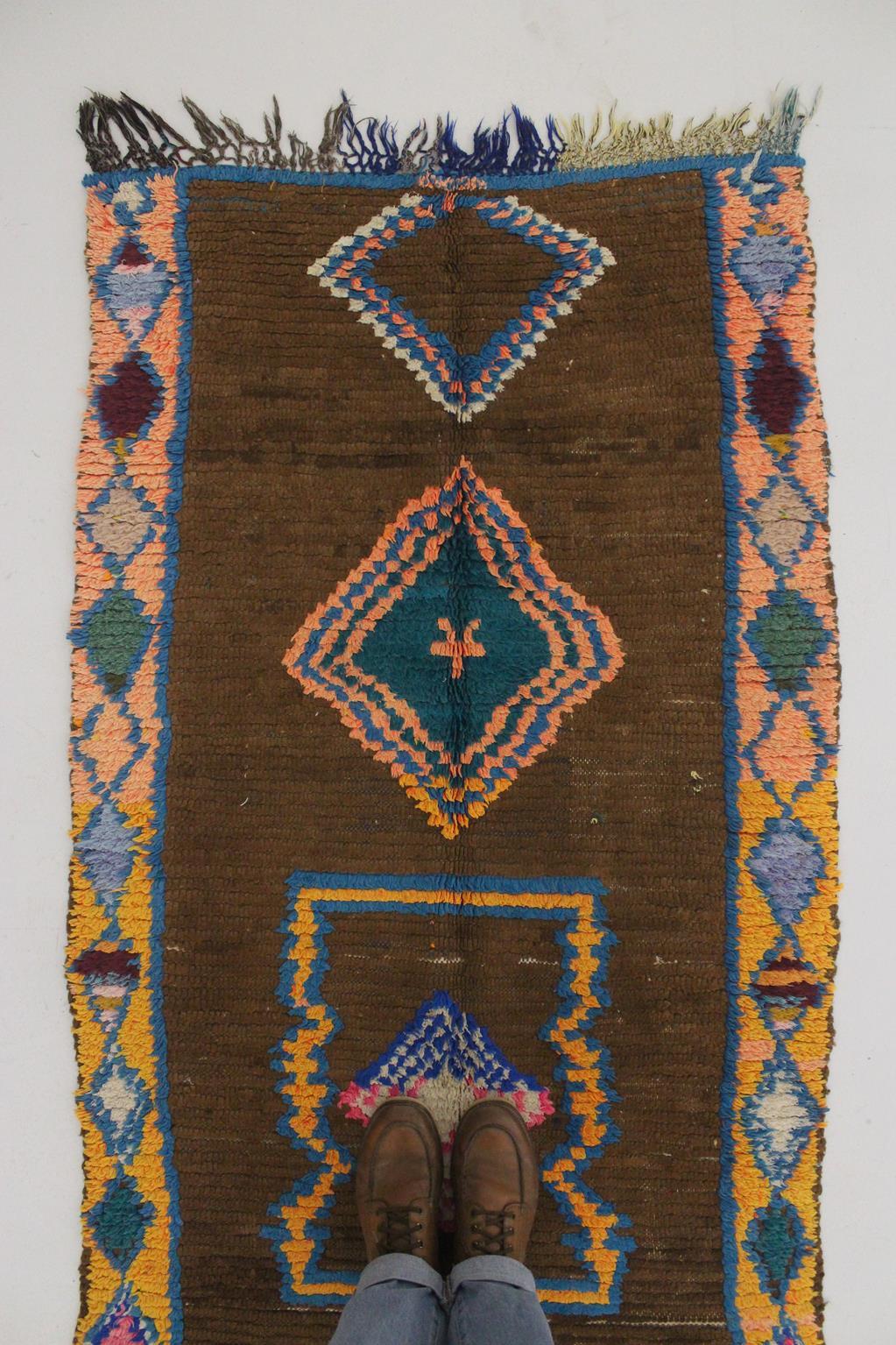 Vintage Moroccan Boujad runner rug - Brown/pink/blue - 3.2x7.5feet / 97x228cm For Sale 1