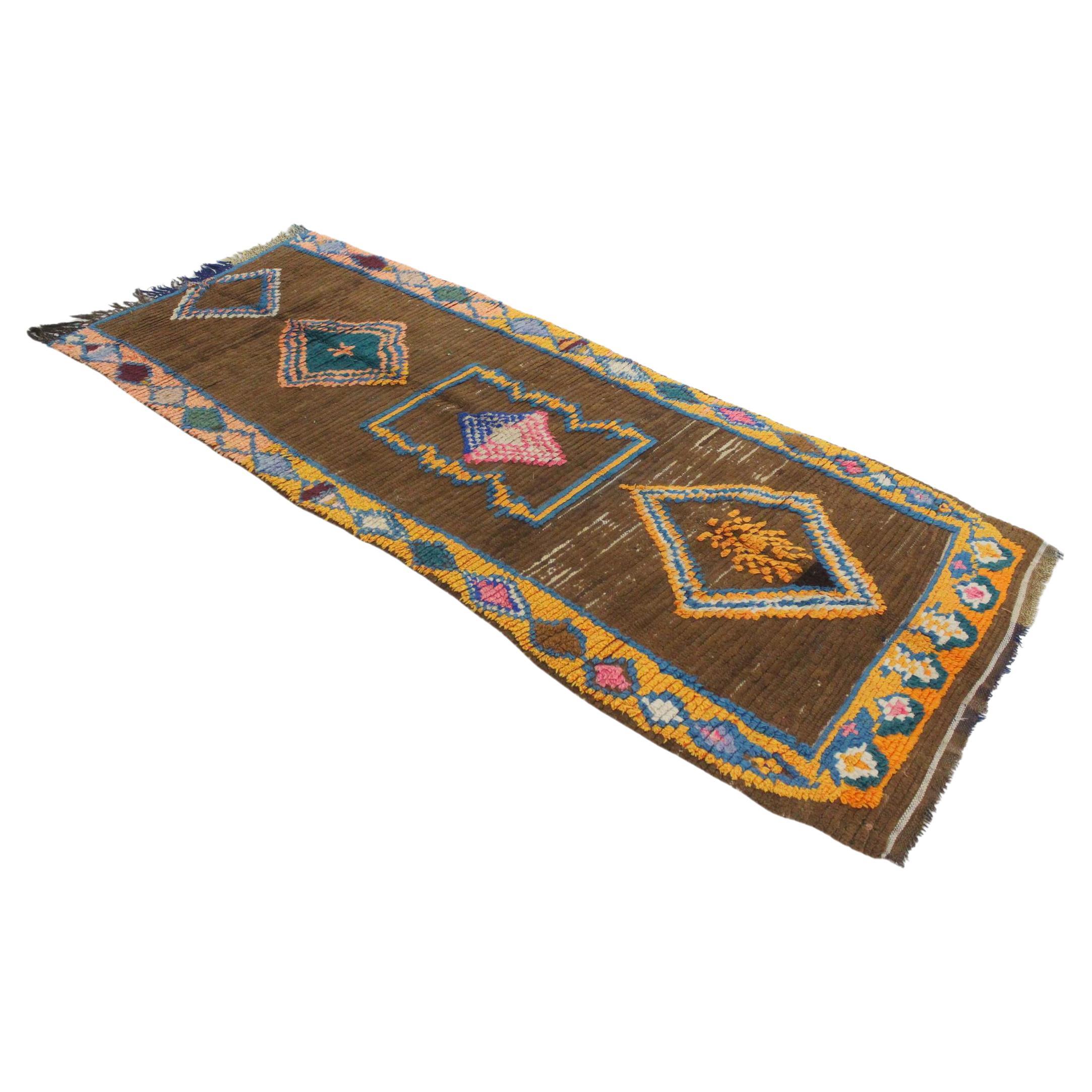 Vintage marokkanischen Boujad Läufer Teppich - Brown/rosa/blau - 3.2x7.5feet / 97x228cm im Angebot