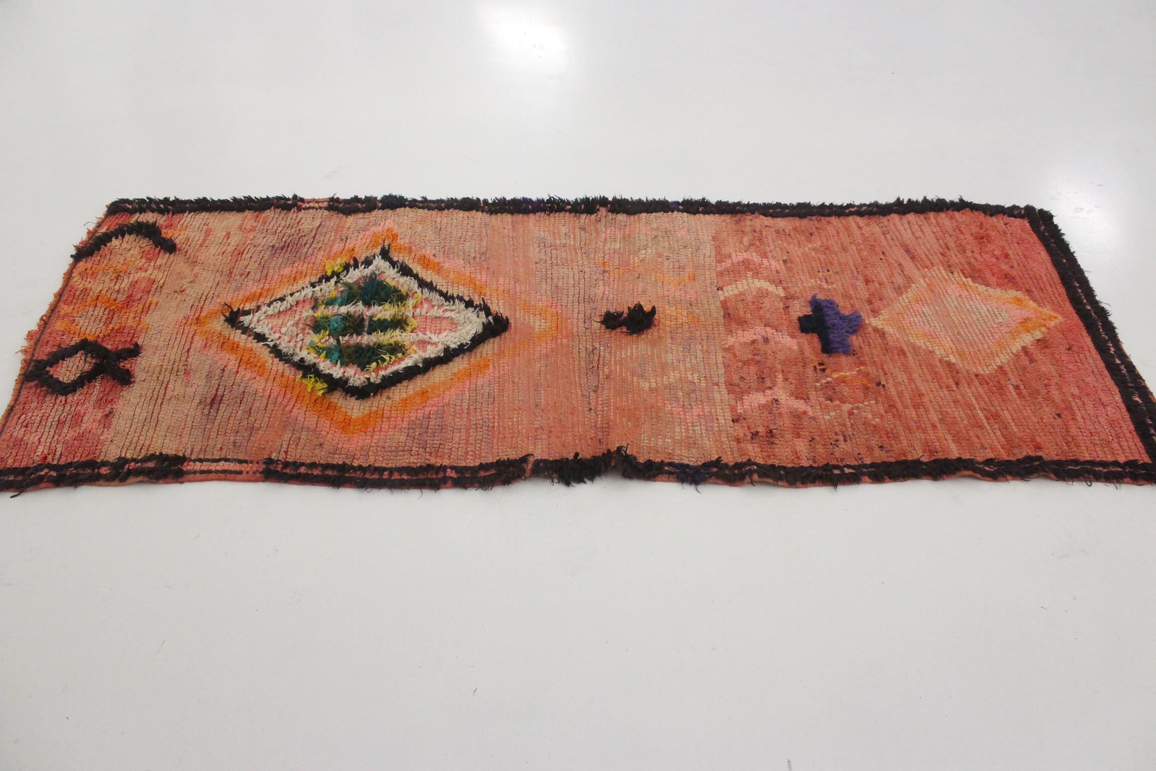 Bohemian Vintage Moroccan Boujad runner rug - Orange-pink - 3x8.1feet / 93x247cm For Sale