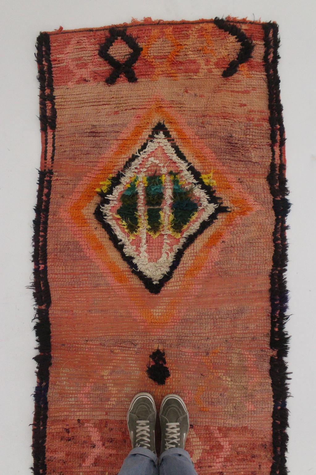 Wool Vintage Moroccan Boujad runner rug - Orange-pink - 3x8.1feet / 93x247cm For Sale