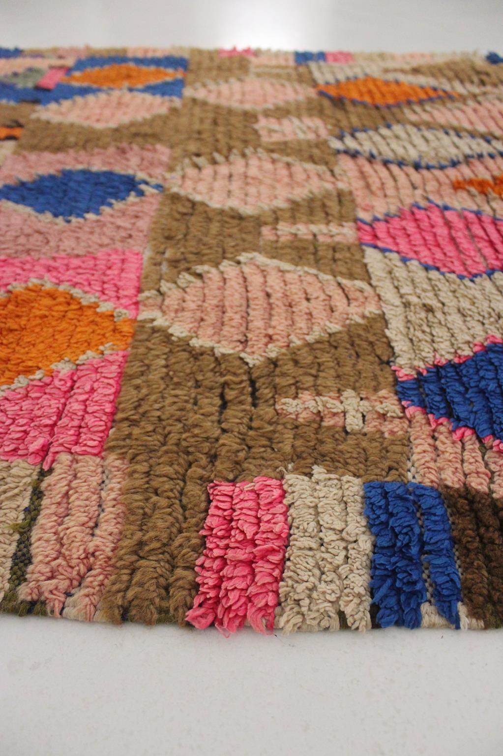Vintage Moroccan Boujad runner rug - Pink/brown/blue - 3.2x10feet / 97x307cm For Sale 4