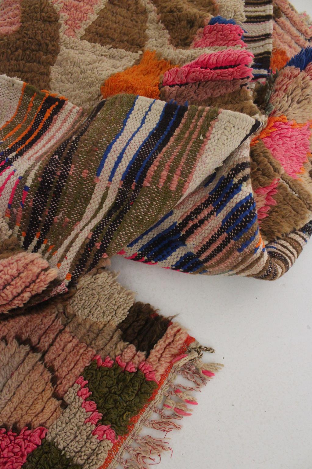 Vintage Moroccan Boujad runner rug - Pink/brown/blue - 3.2x10feet / 97x307cm For Sale 6