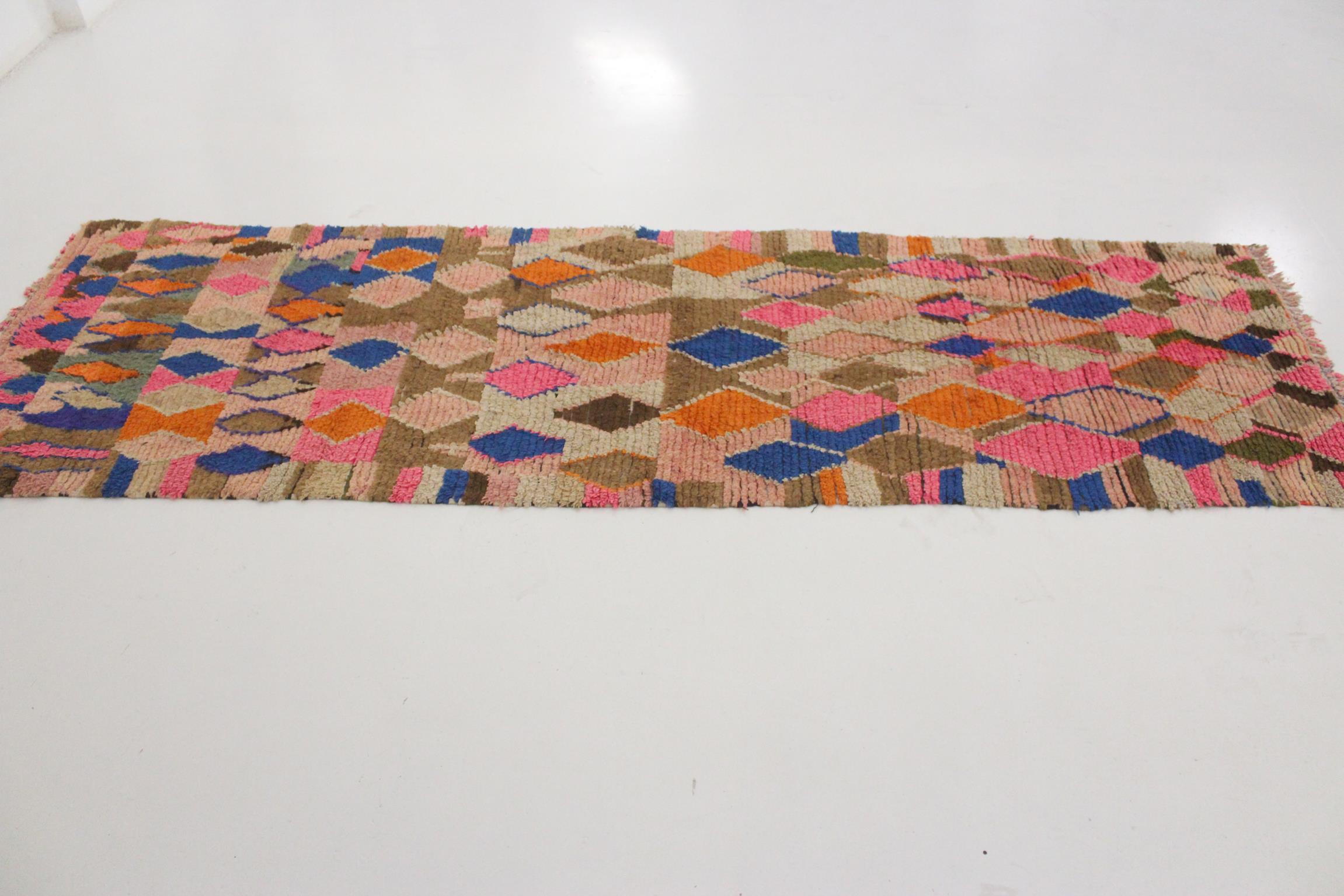 Bohemian Vintage Moroccan Boujad runner rug - Pink/brown/blue - 3.2x10feet / 97x307cm For Sale