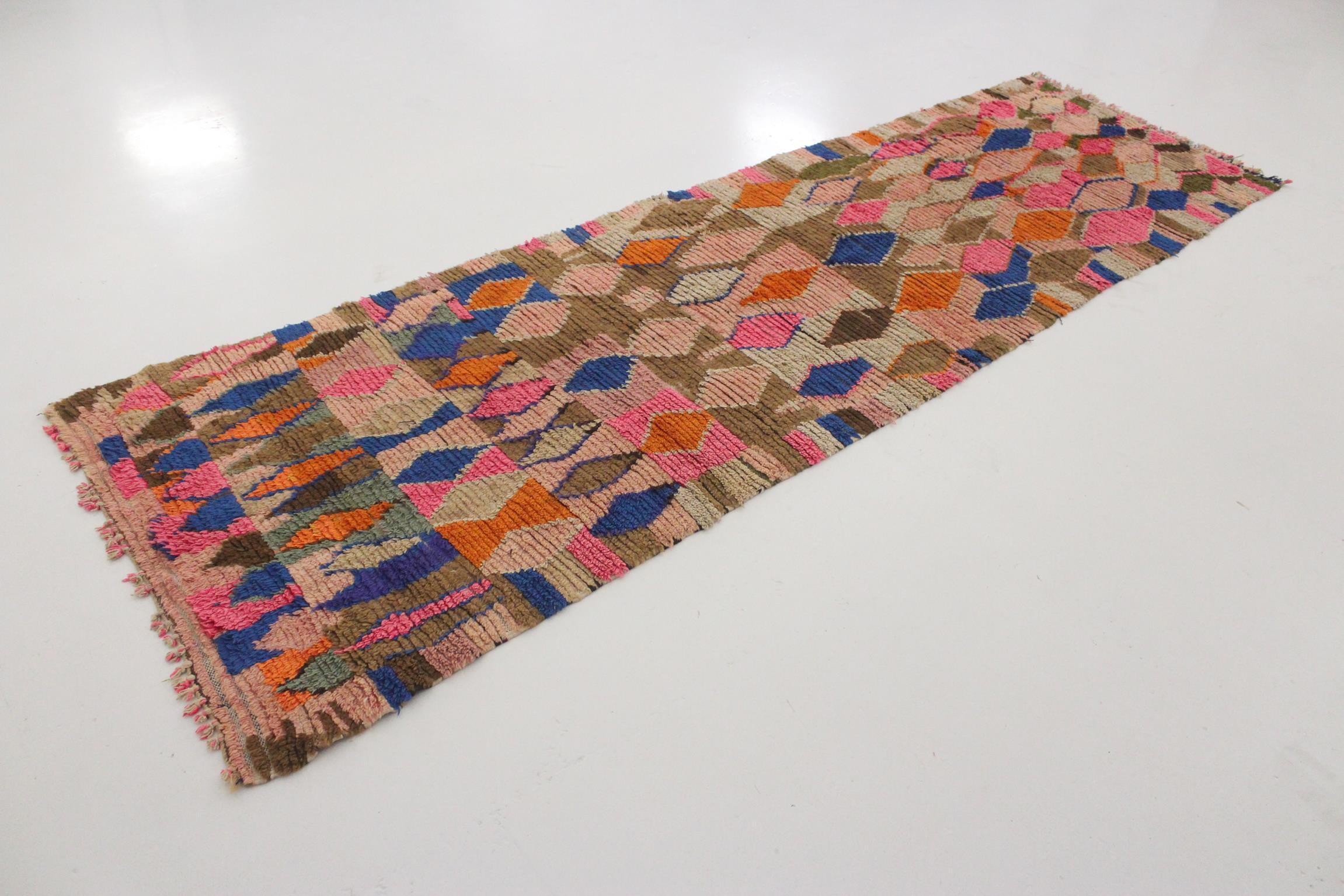 Hand-Woven Vintage Moroccan Boujad runner rug - Pink/brown/blue - 3.2x10feet / 97x307cm For Sale