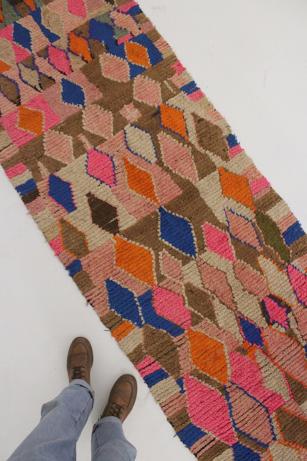 Wool Vintage Moroccan Boujad runner rug - Pink/brown/blue - 3.2x10feet / 97x307cm For Sale