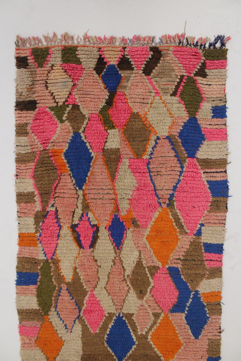 Vintage Moroccan Boujad runner rug - Pink/brown/blue - 3.2x10feet / 97x307cm For Sale 1