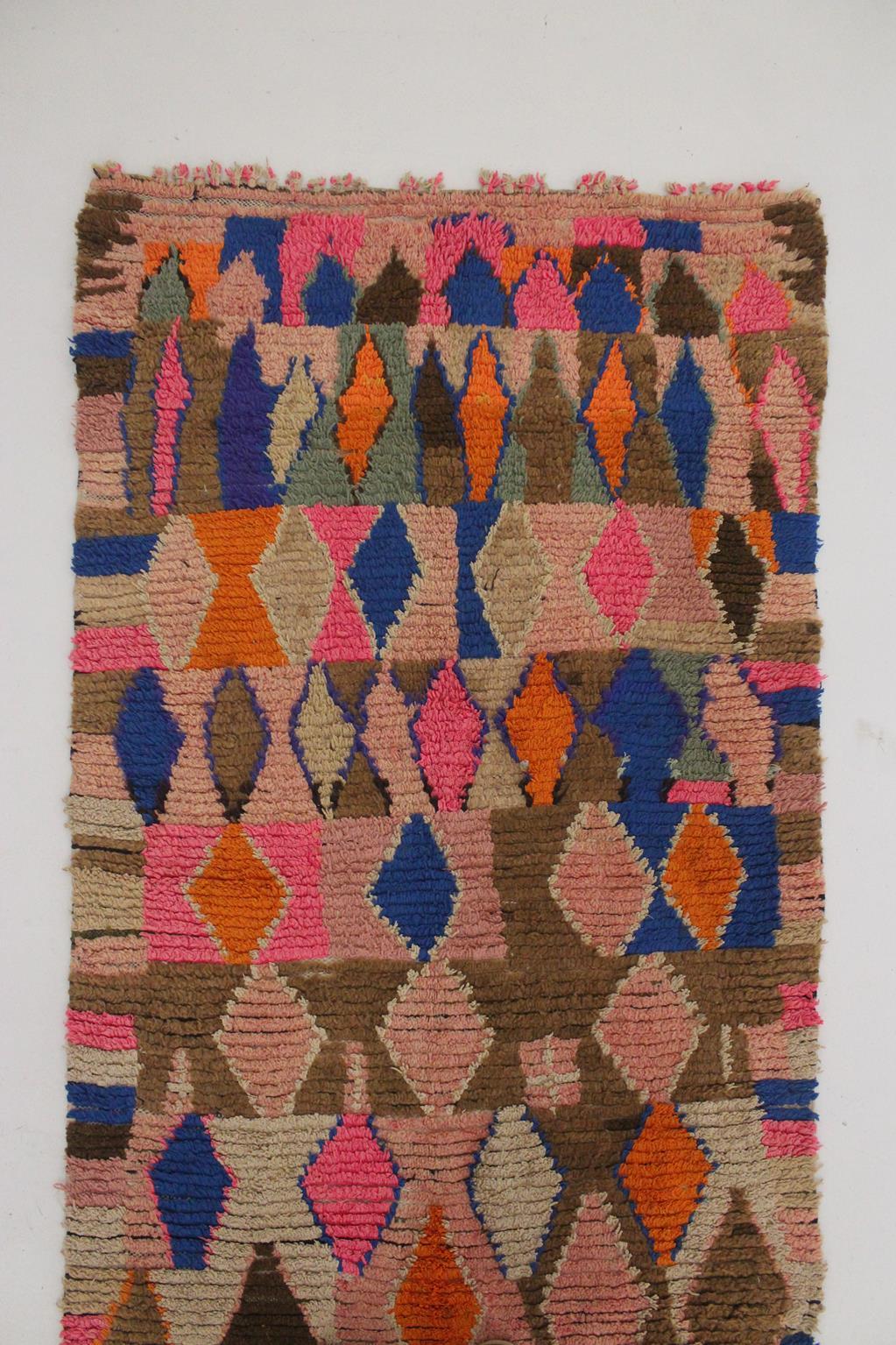 Vintage Moroccan Boujad runner rug - Pink/brown/blue - 3.2x10feet / 97x307cm For Sale 2