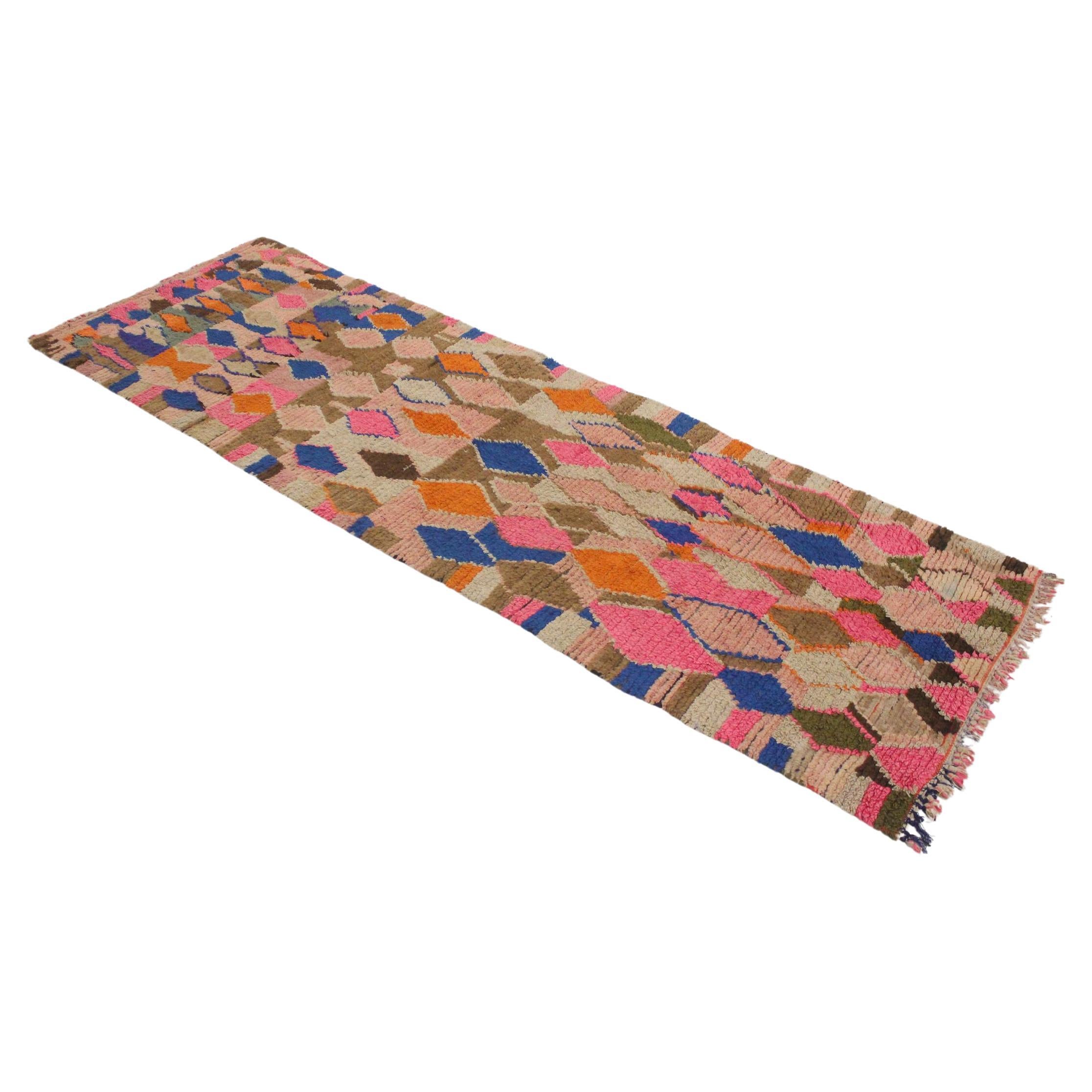 Vintage Moroccan Boujad runner rug - Pink/brown/blue - 3.2x10feet / 97x307cm For Sale
