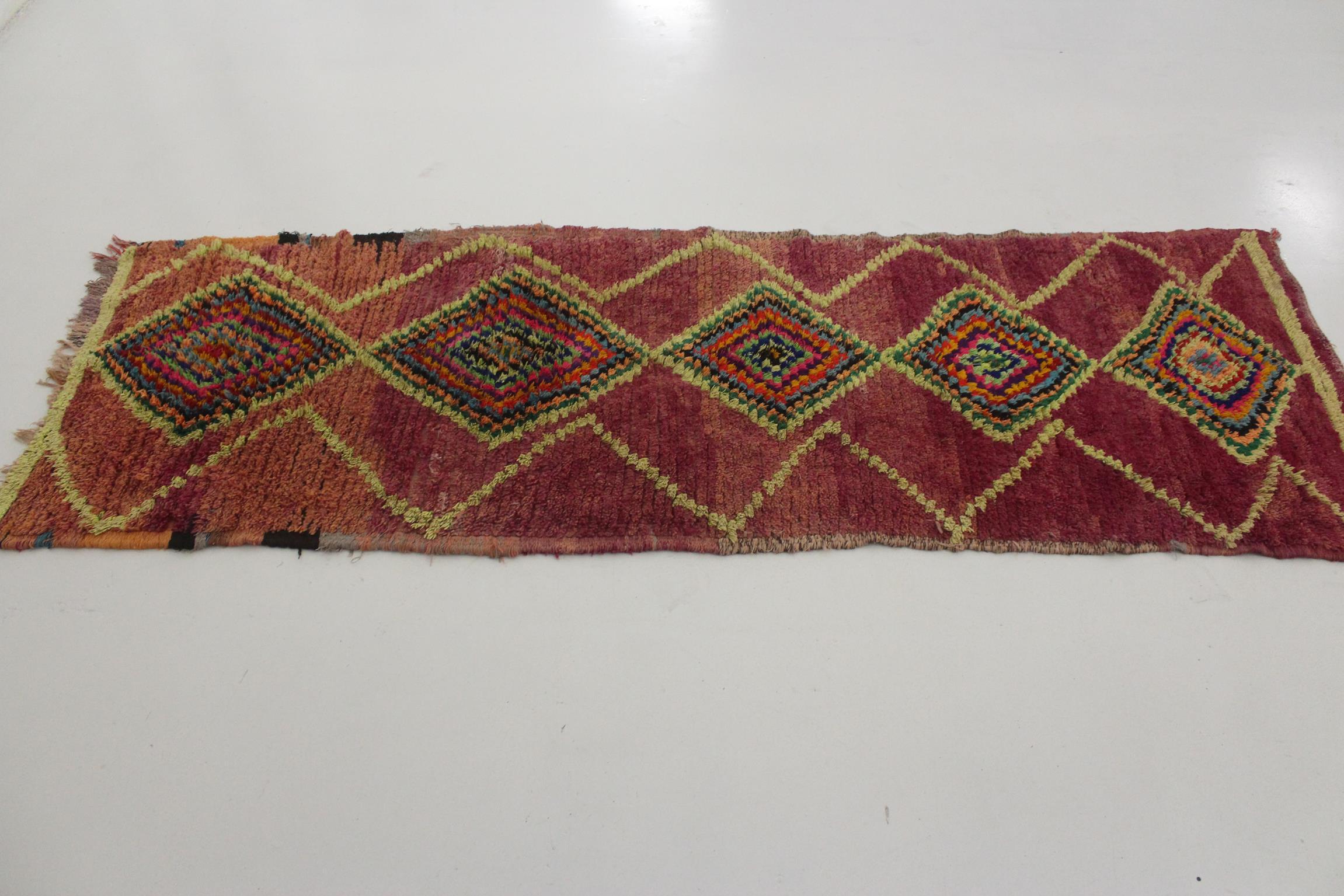 Tribal Vintage Moroccan Boujad runner rug - Purple - 3x8.7feet / 92x265cm For Sale