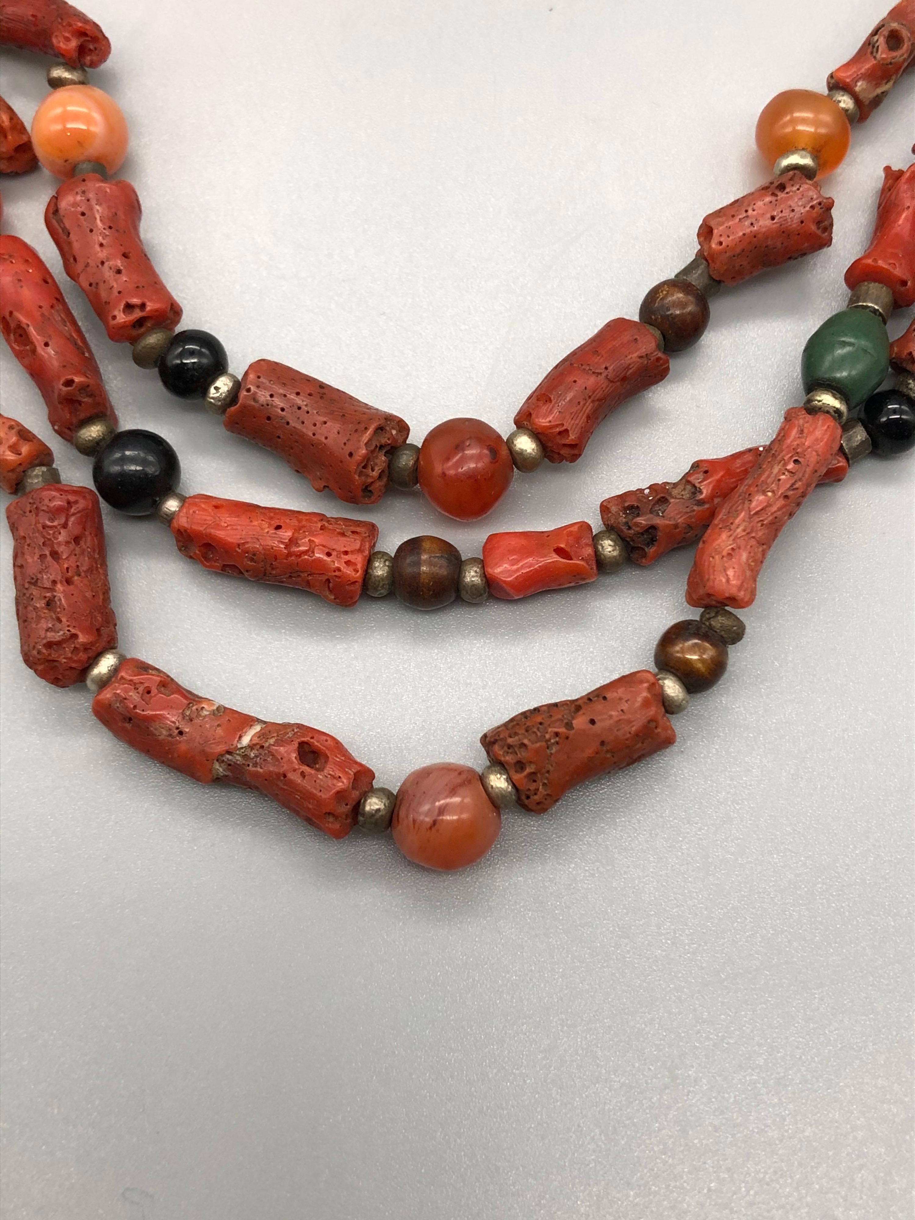 Tribal Vintage Moroccan Branch Coral Necklace, Handmade Multi-Strand, Silver, Agate For Sale