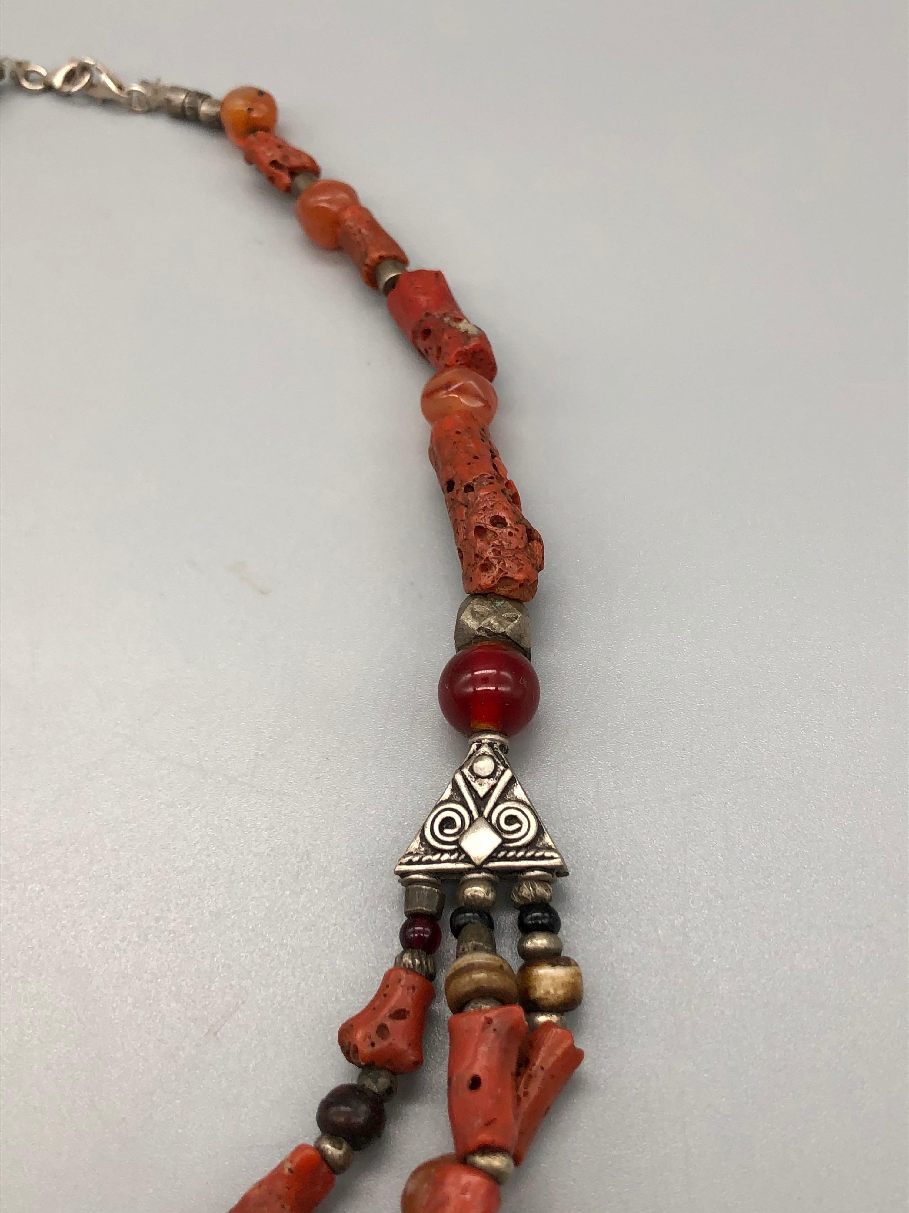 Carved Vintage Moroccan Branch Coral Necklace, Handmade Multi-Strand, Silver, Agate For Sale