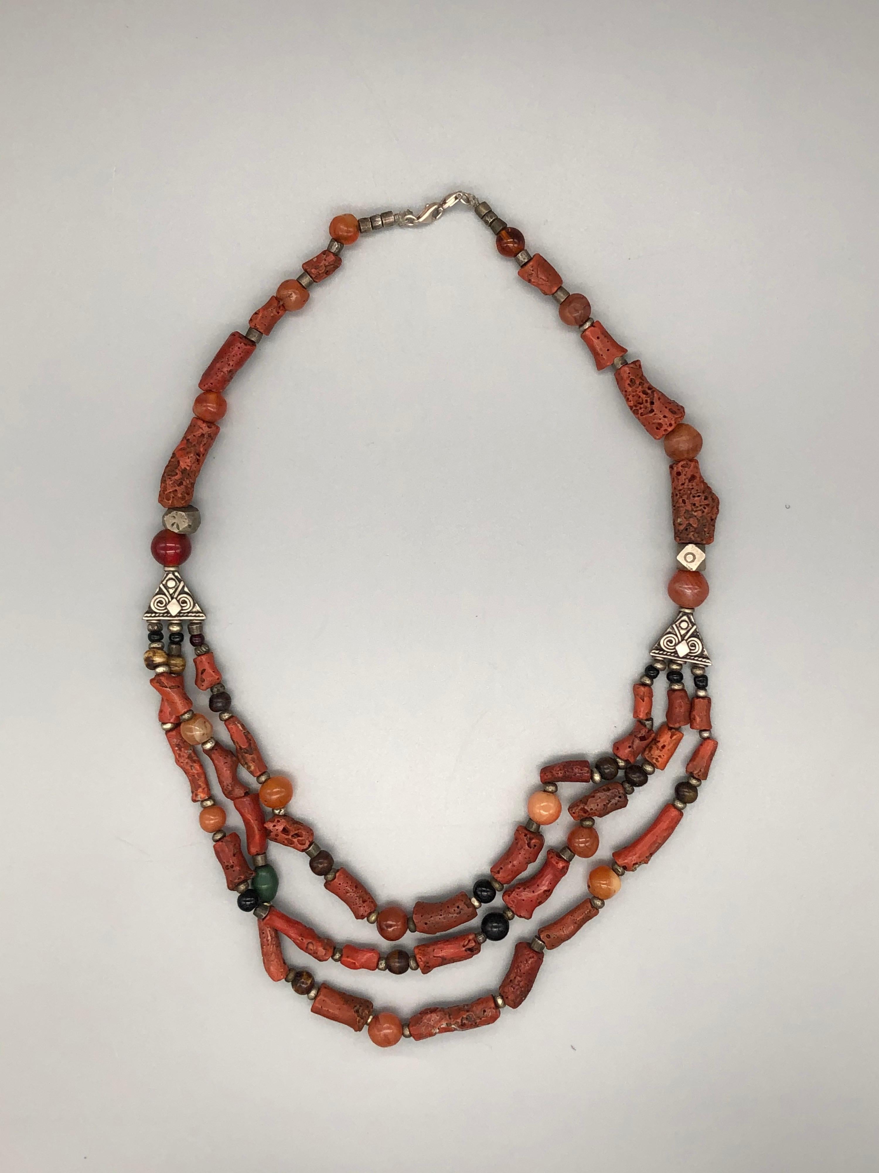 Vintage Moroccan Branch Coral Necklace, Handmade Multi-Strand, Silver, Agate For Sale 2