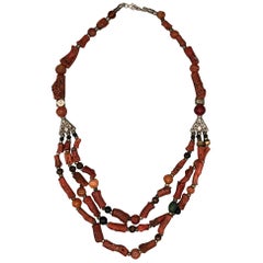 Vintage Moroccan Branch Coral Necklace, Handmade Multi-Strand, Silver, Agate