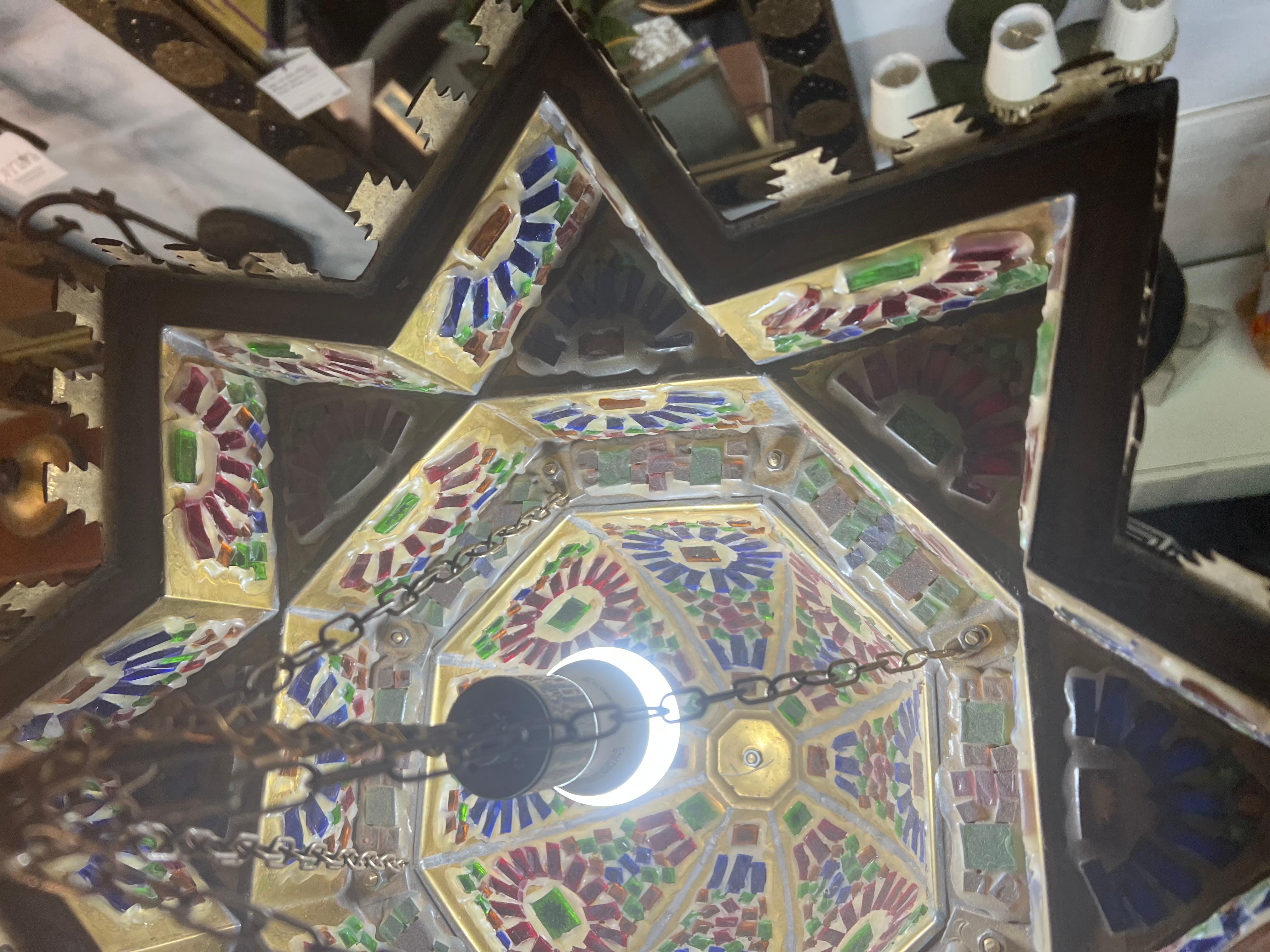 Vintage Moroccan Brass and Colored Glass Chandelier For Sale 3