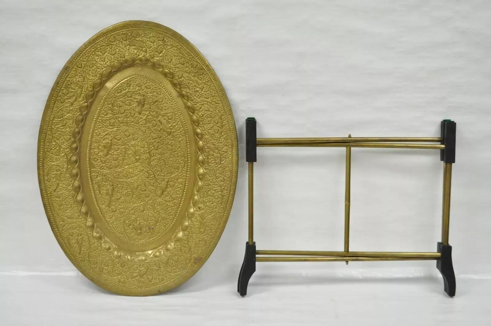 Other Vintage Moroccan Brass Bird Embossed Oval Tray Folding Small Coffee Table For Sale