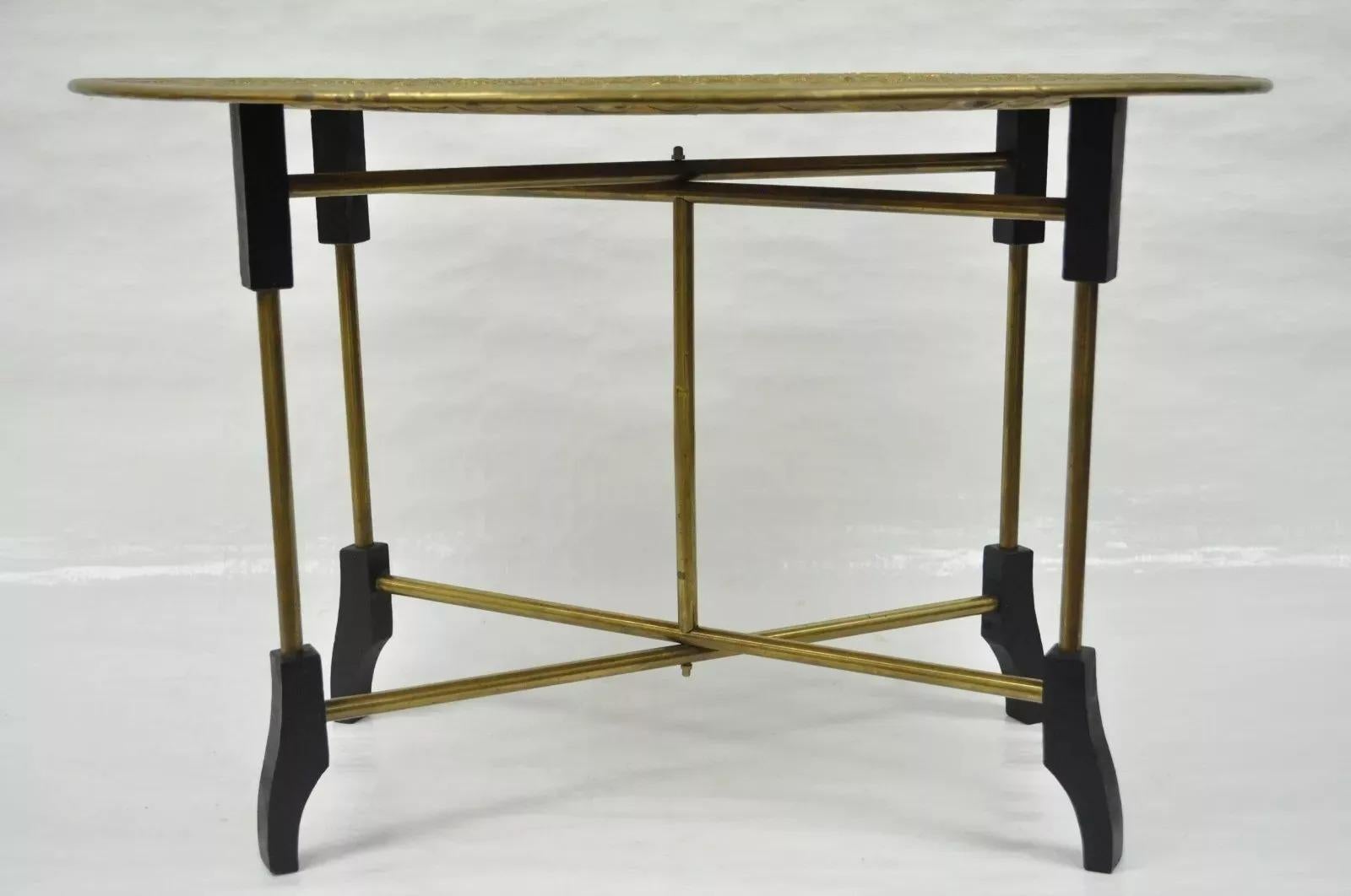 Vintage Moroccan Brass Bird Embossed Oval Tray Folding Small Coffee Table For Sale 3