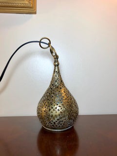Vintage Moroccan Engraved Brass Hand-Cut Small Hanging Teardrop Pendant Light