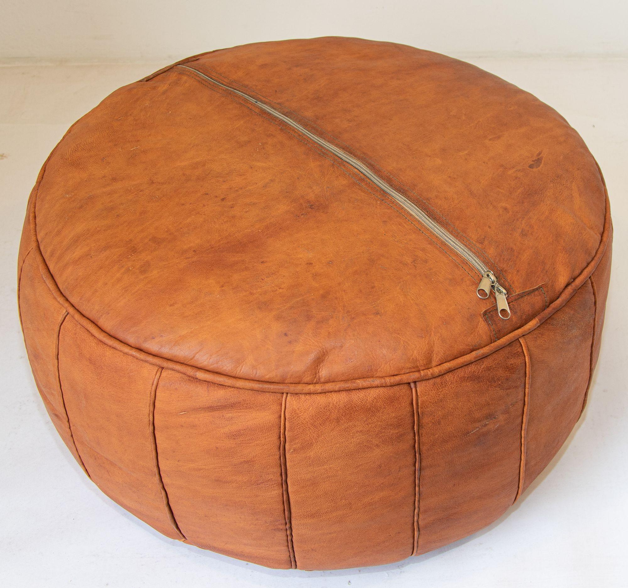 Vintage Moroccan Brown Leather Pouf For Sale 1