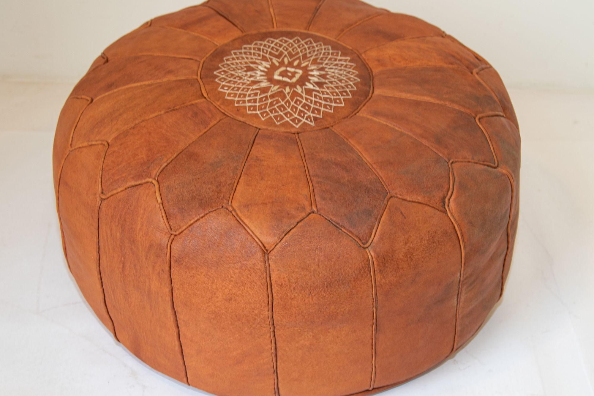 Vintage Moroccan Brown Leather Pouf For Sale 2
