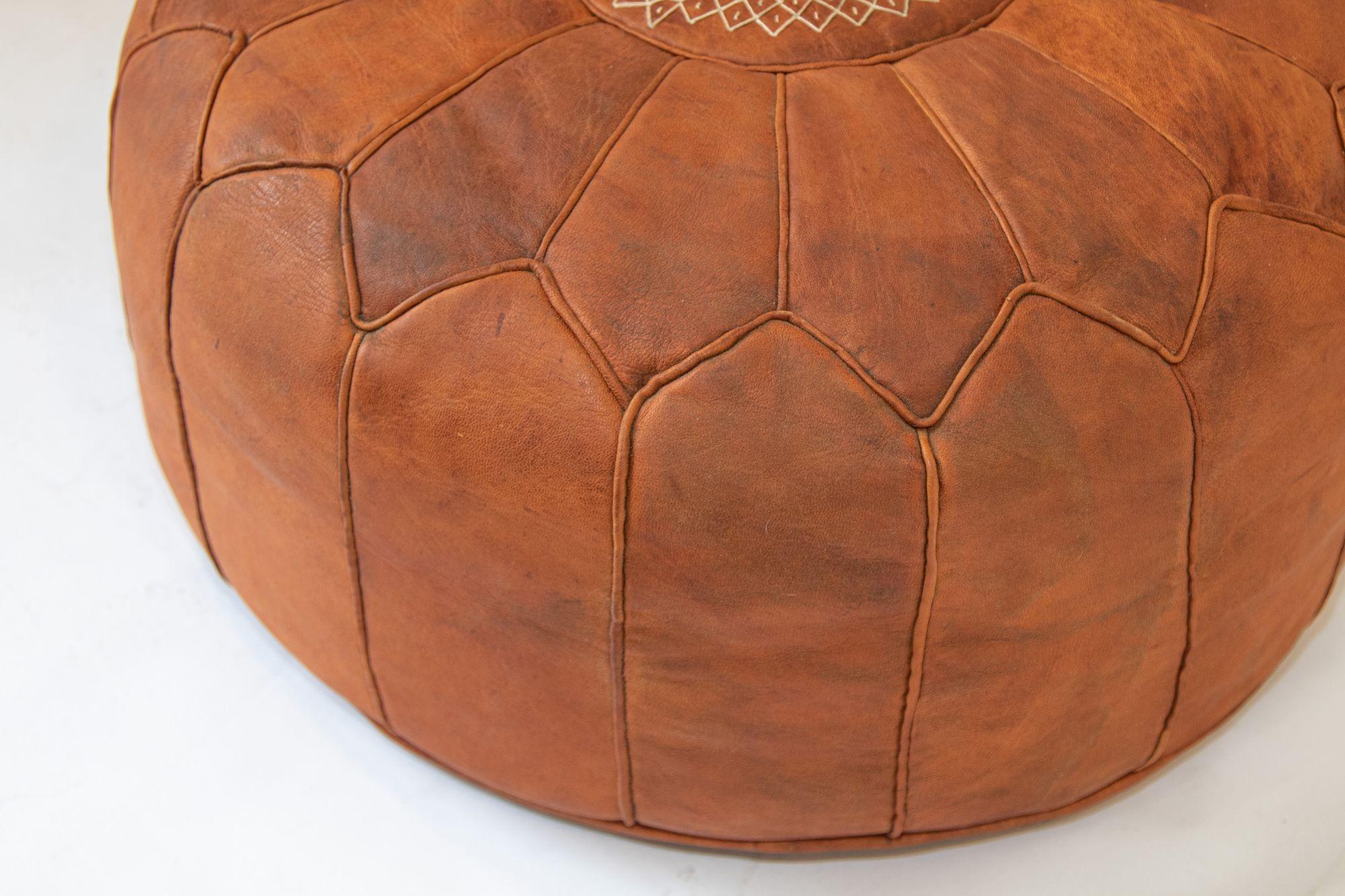Moorish Vintage Moroccan Brown Leather Pouf For Sale