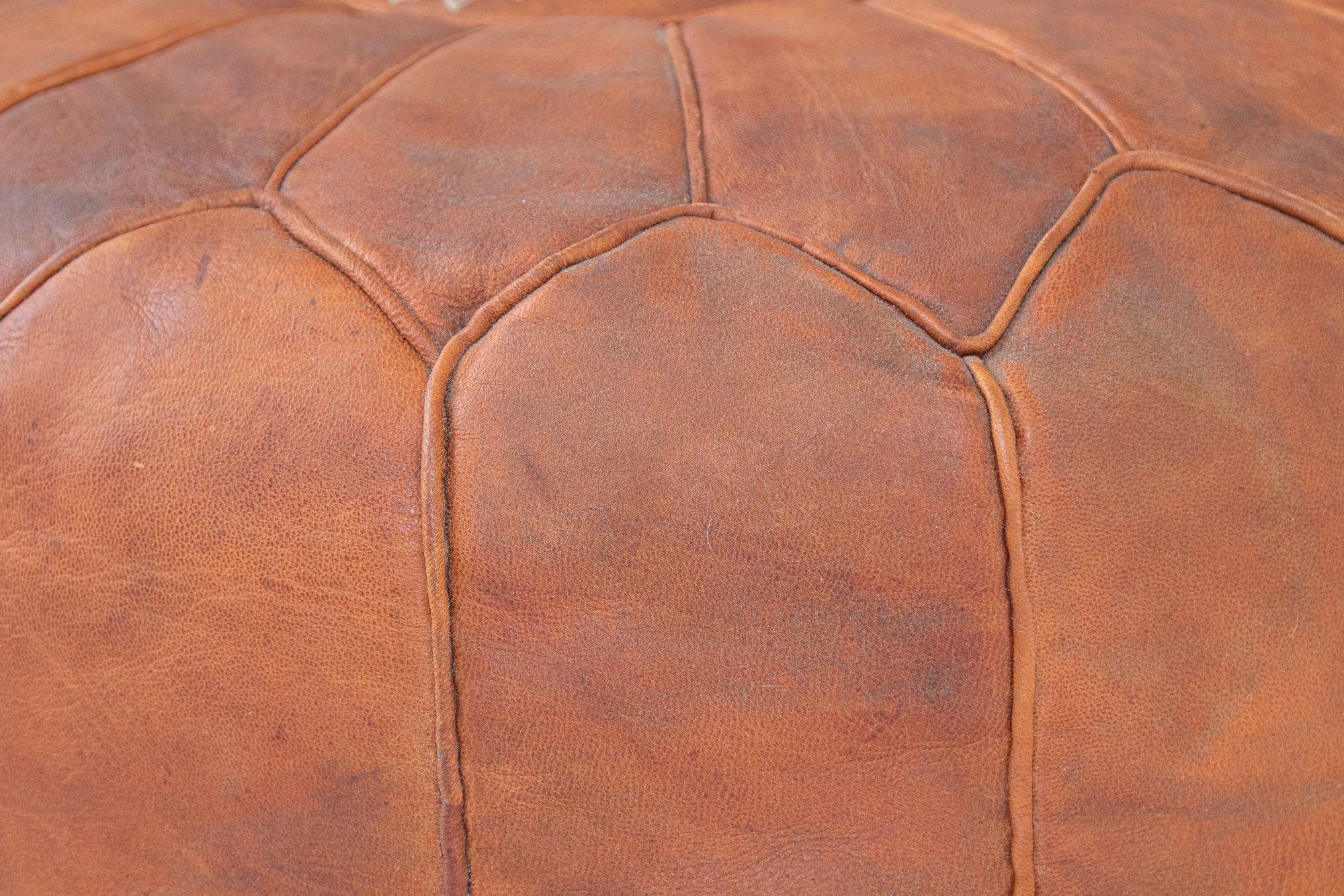 Vintage Moroccan Brown Leather Pouf In Good Condition For Sale In North Hollywood, CA