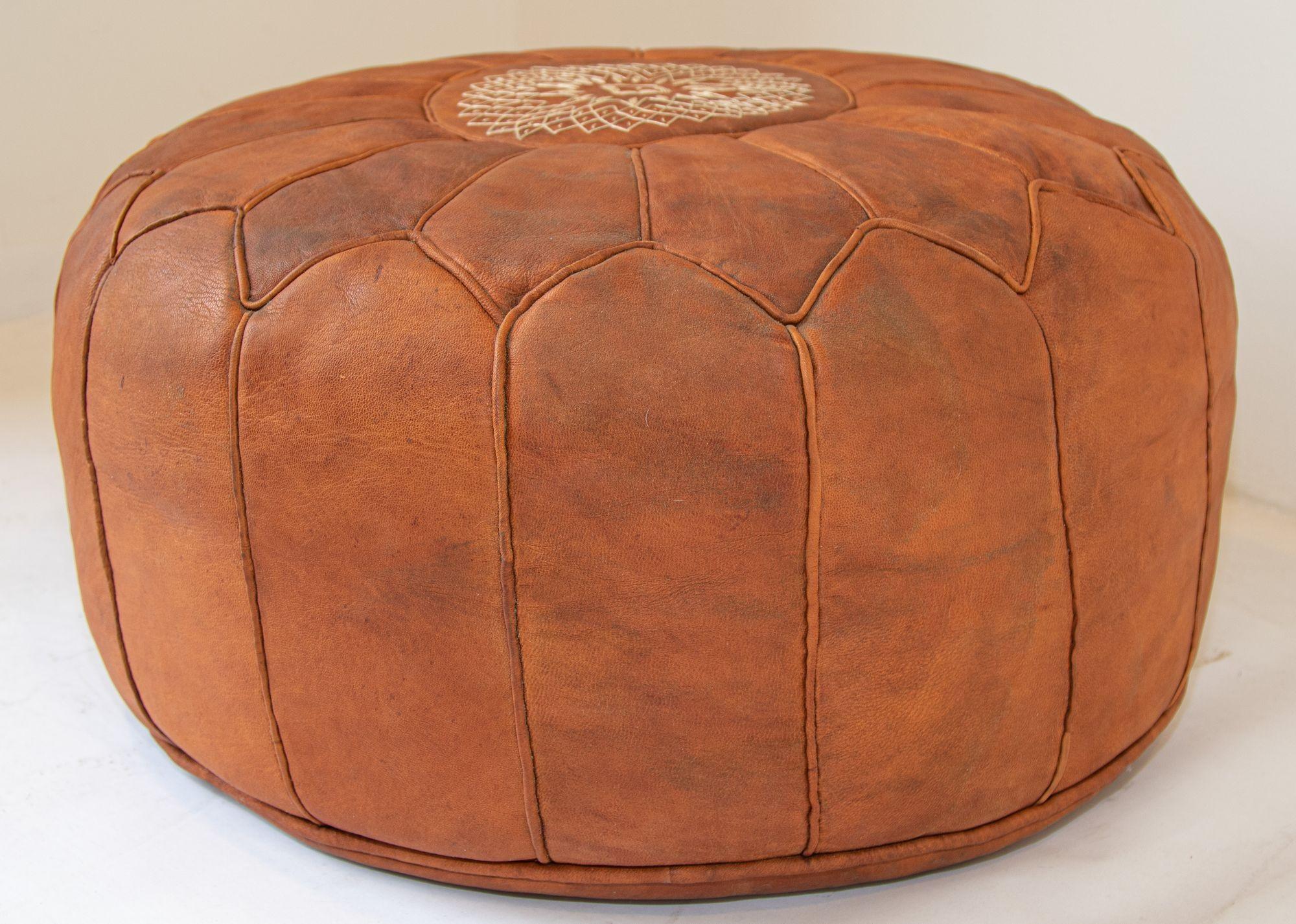 20th Century Vintage Moroccan Brown Leather Pouf For Sale