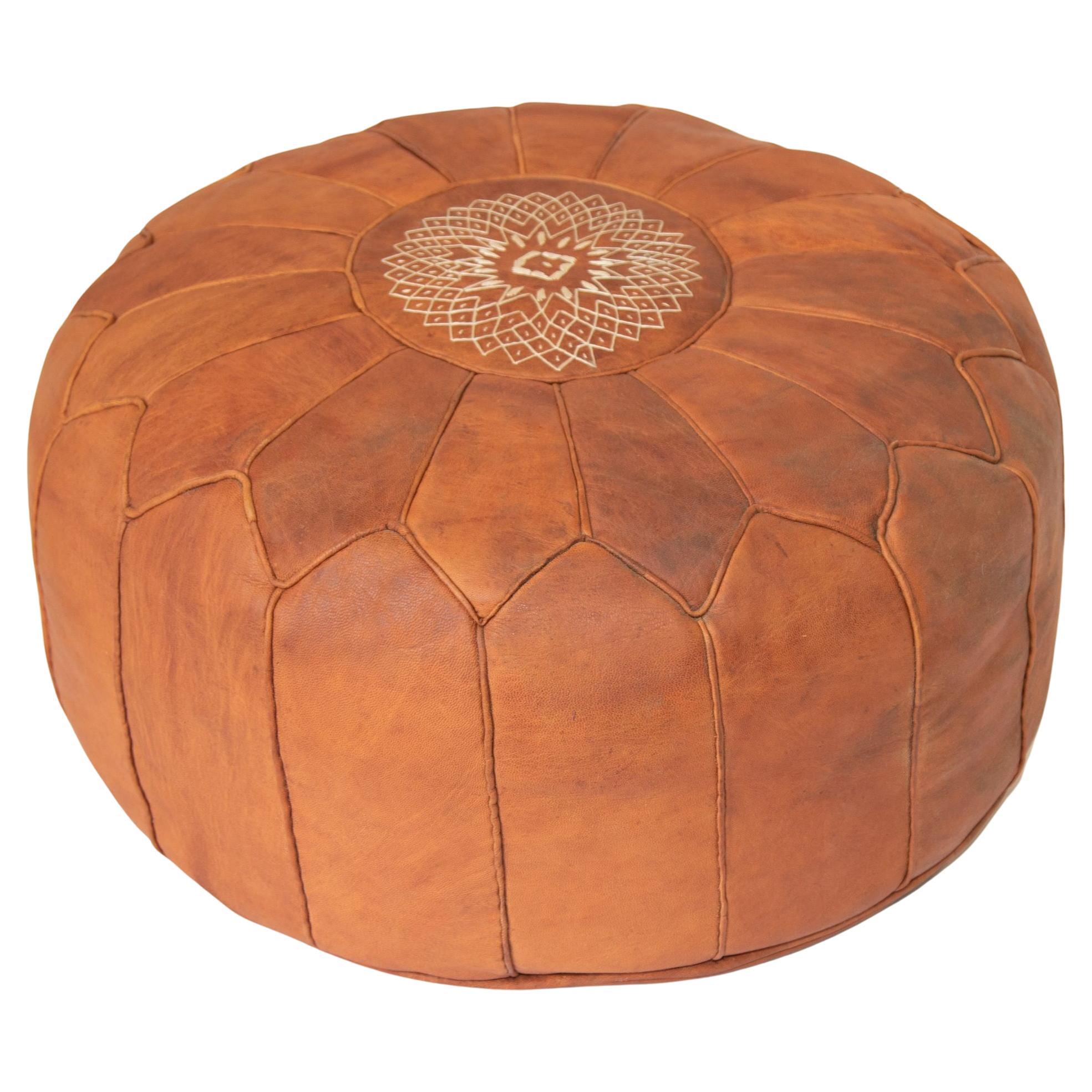 Vintage Moroccan Brown Leather Pouf For Sale