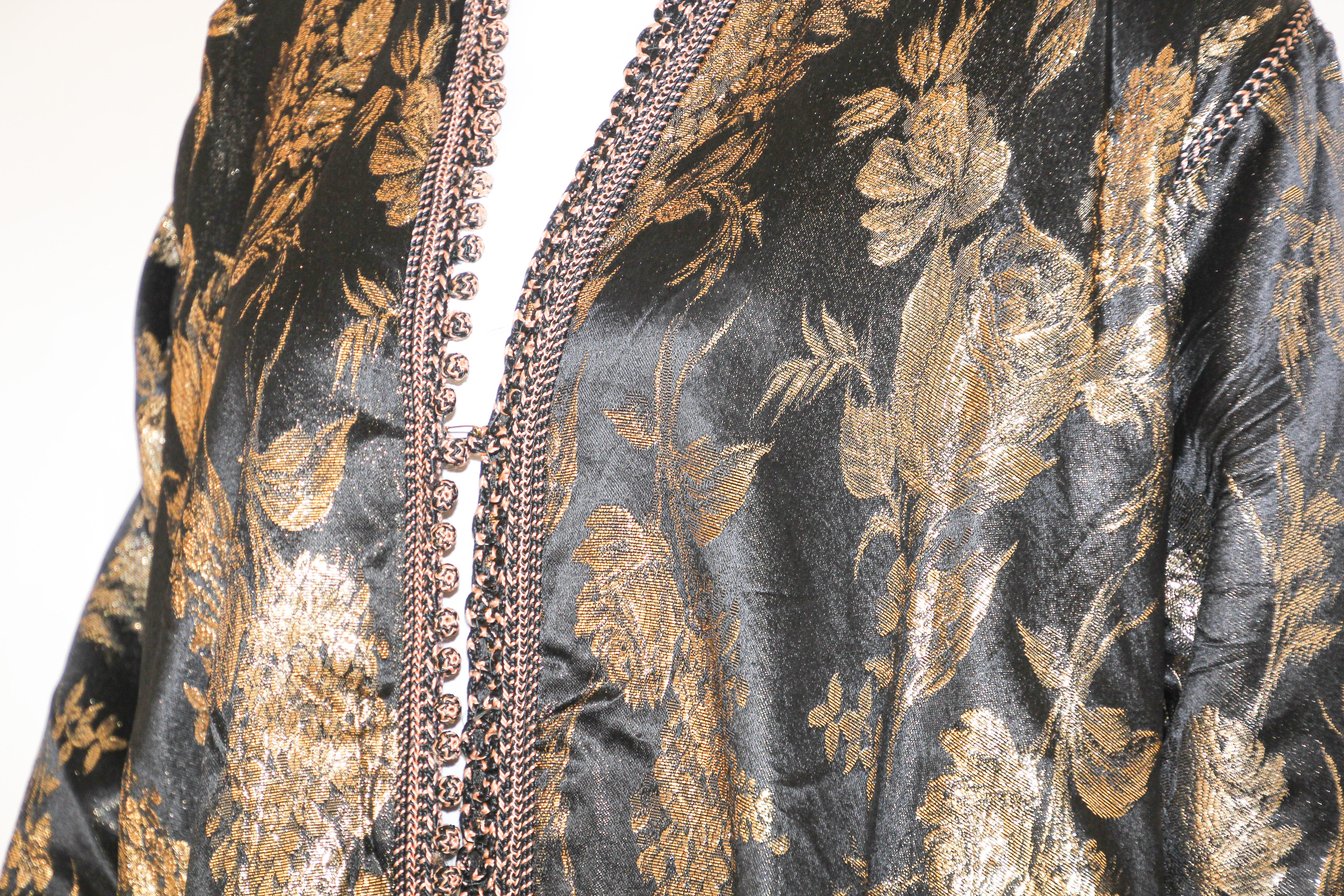 Metallic Thread Vintage Moroccan Caftan, Black and Gold Embroidered, ca. 1960s For Sale