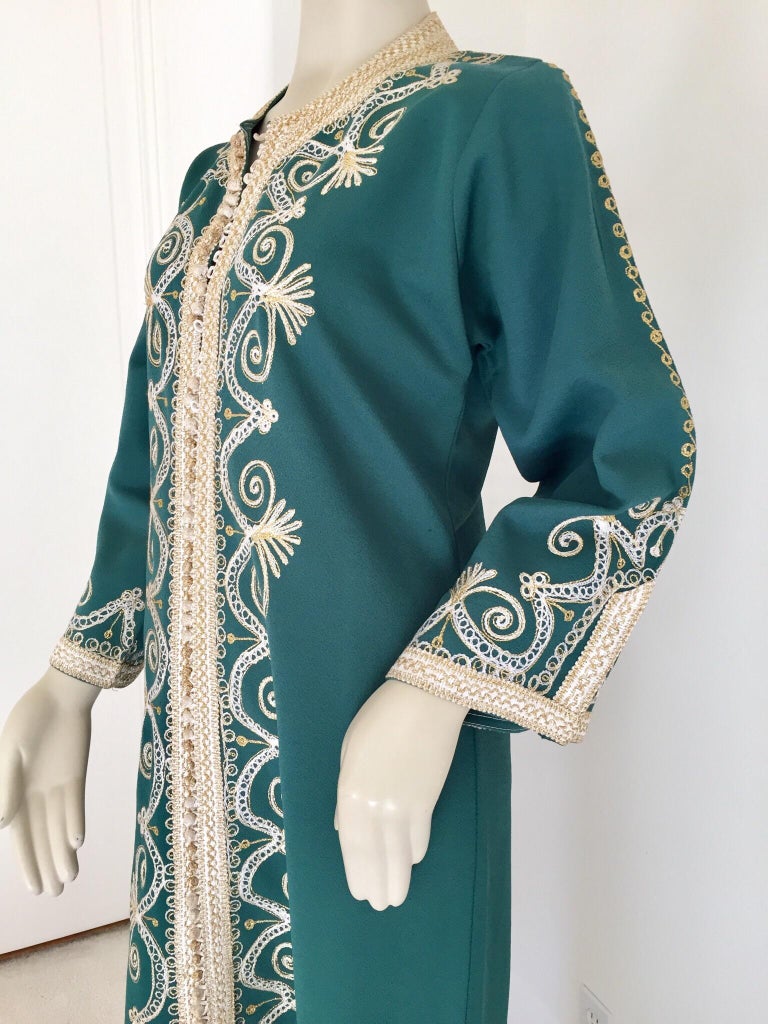 Vintage Moroccan Caftan Emerald Green Maxi Dress, circa 1970 Size M For ...