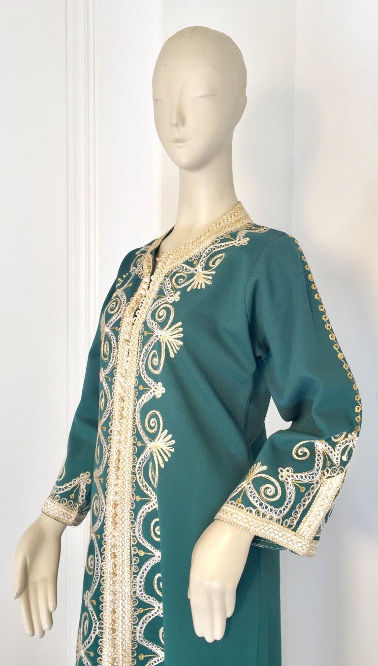Vintage Moroccan Caftan Emerald Green Maxi Dress, circa 1970 Size M For ...