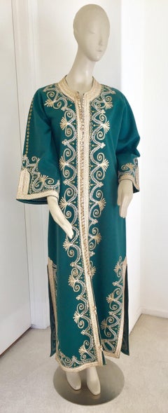 Vintage Moroccan Caftan Emerald Green Maxi Dress, circa 1970 Size M