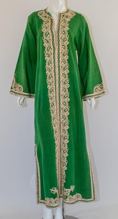 Vintage Moroccan Caftan Emerald Green Maxi Dress, circa 1970 Size M
